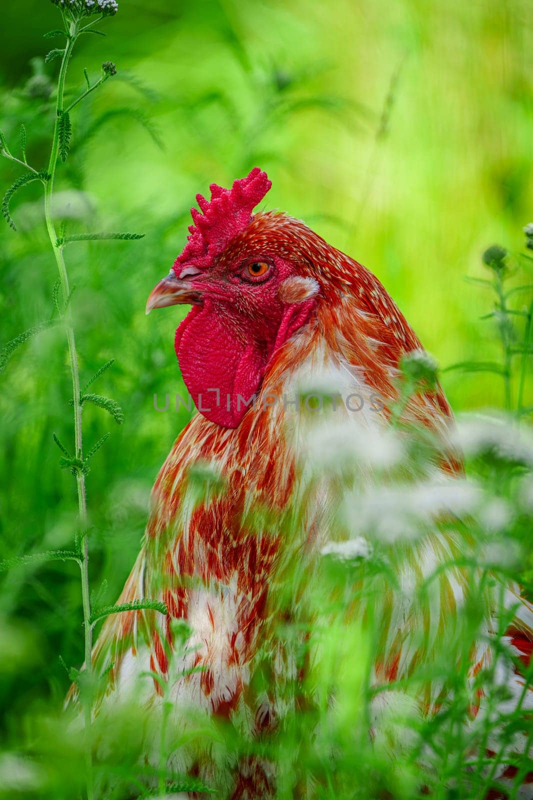 A magnificent rooster with a radiant, colorful plumage standing proudly in a lush green country pasture on a warm and sunny day, exuding confidence and vitality