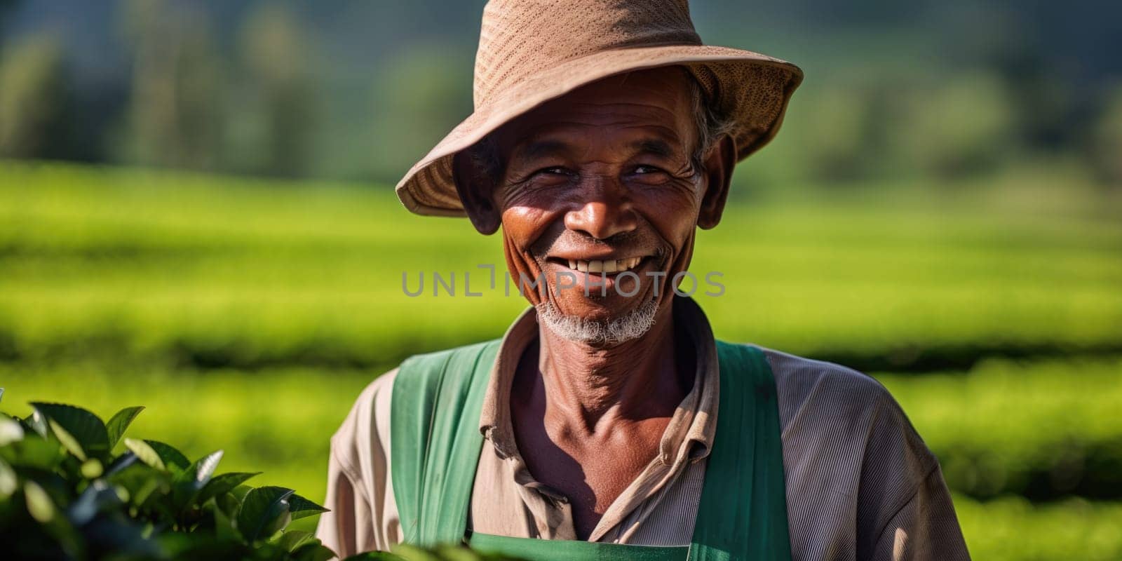 Portrait of a tea plantation worker on tea plantation background. AI Generated