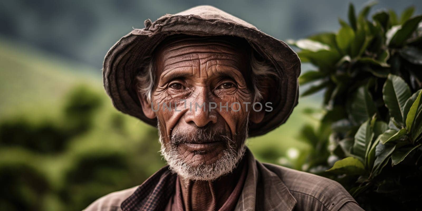 Portrait of a tea plantation worker on tea plantation background. AI Generated