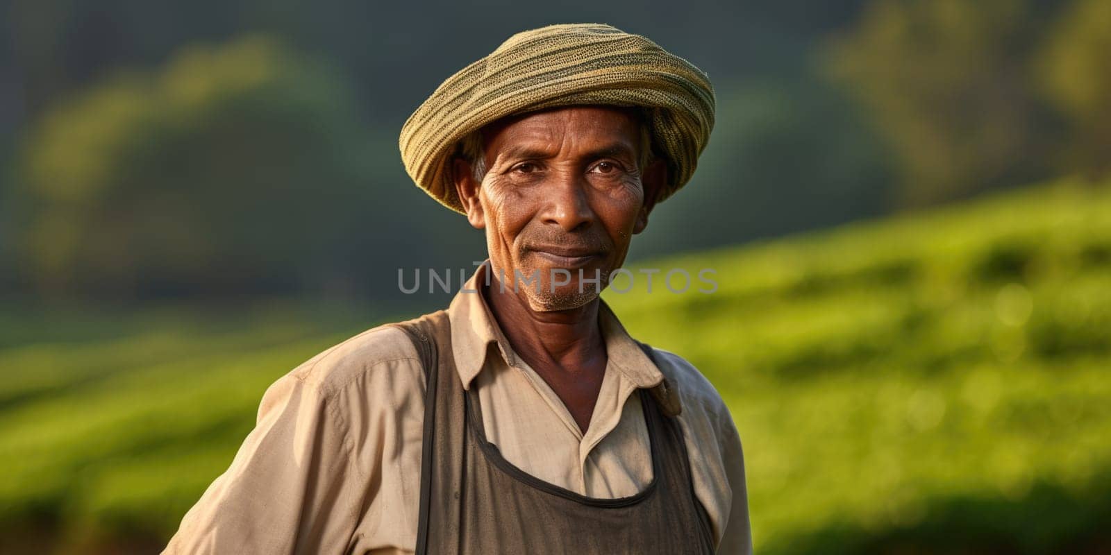 Portrait of a tea plantation worker on tea plantation background. AI Generated