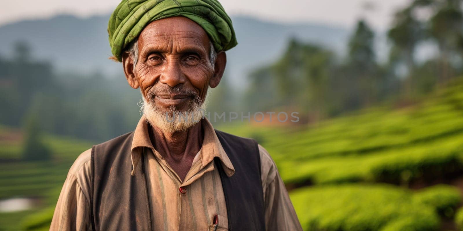 Portrait of a tea plantation worker on tea plantation background. AI Generated