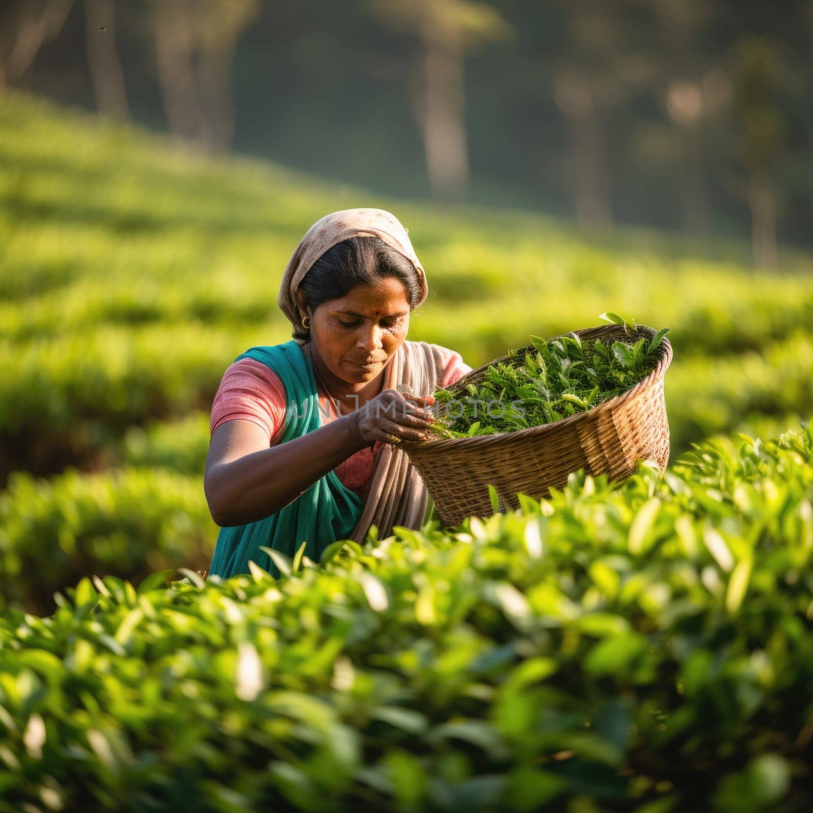 Female farmers collecting tea at tea plantation. AI Generated