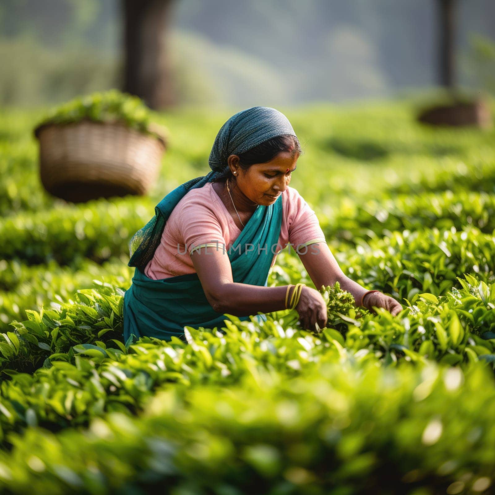 Female farmers collecting tea at tea plantation. AI Generated