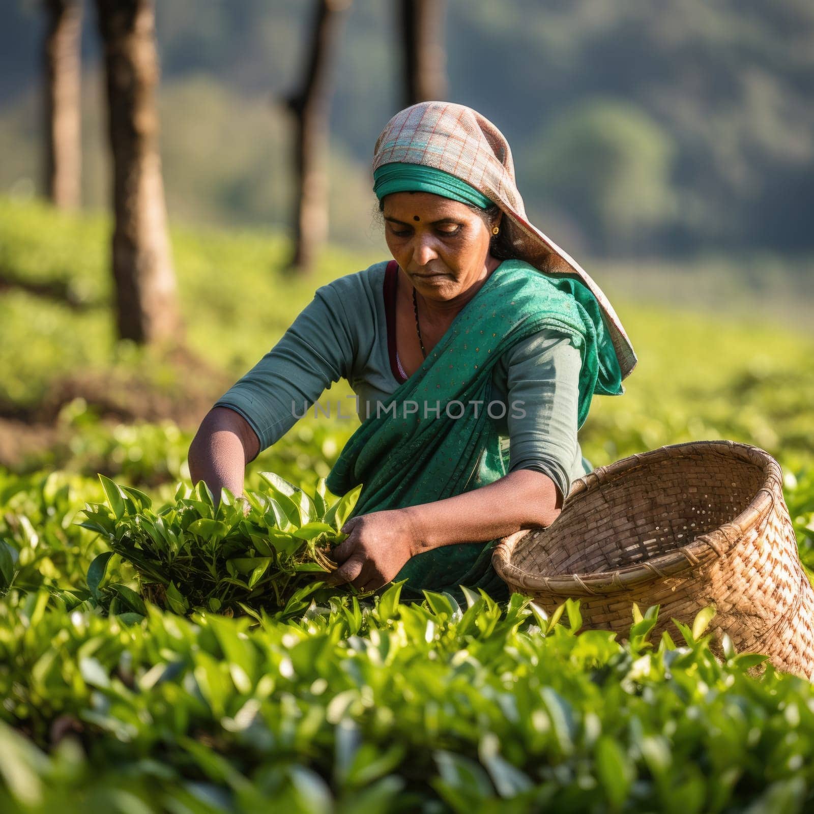 Farmers collecting tea at tea plantation. AI Generated by Desperada