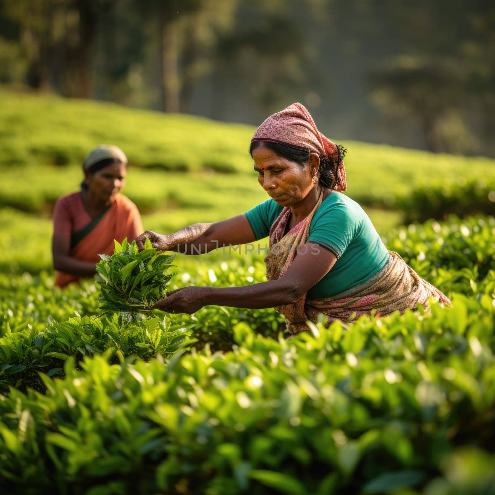 Female farmers collecting tea at tea plantation. AI Generated