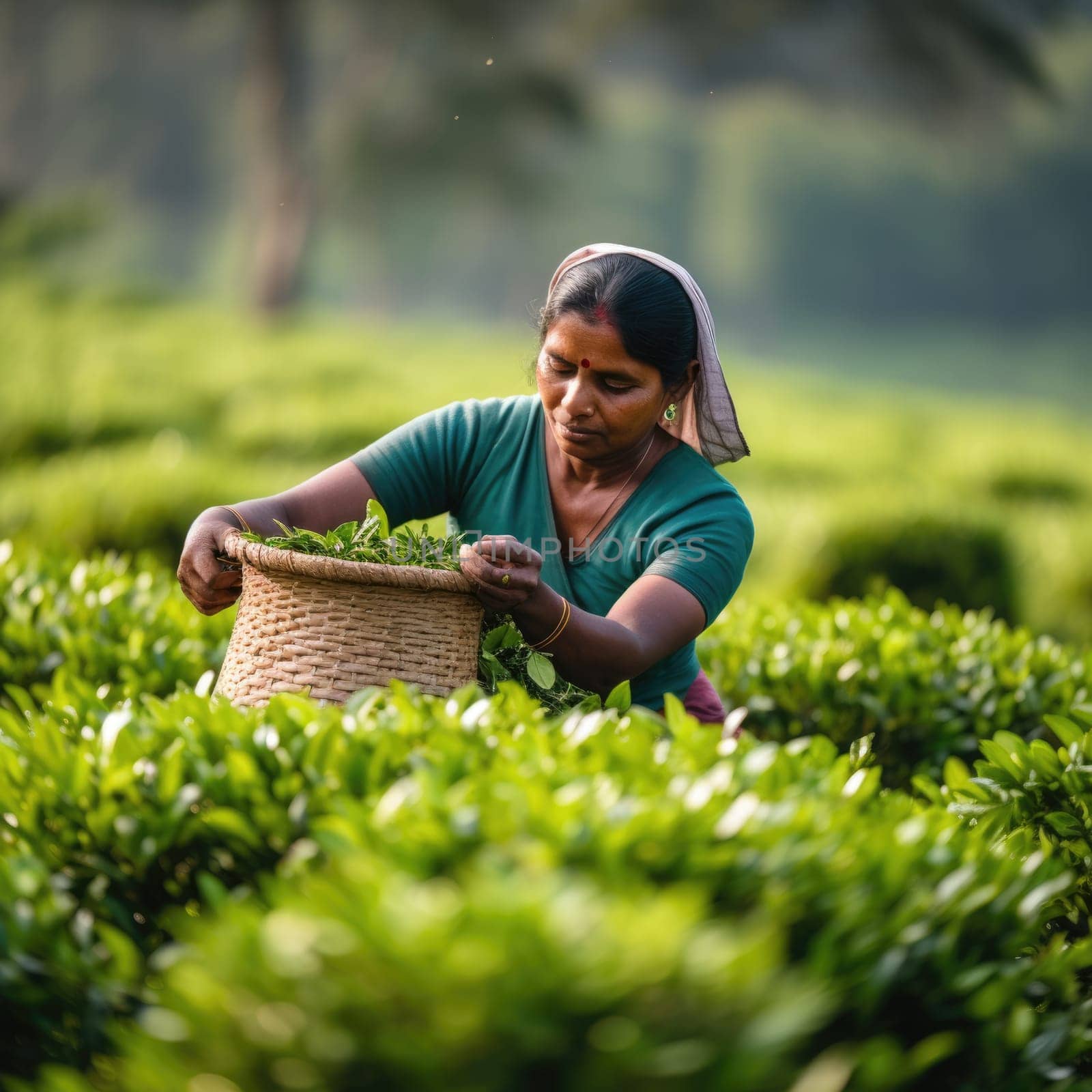 Female farmers collecting tea at tea plantation. AI Generated