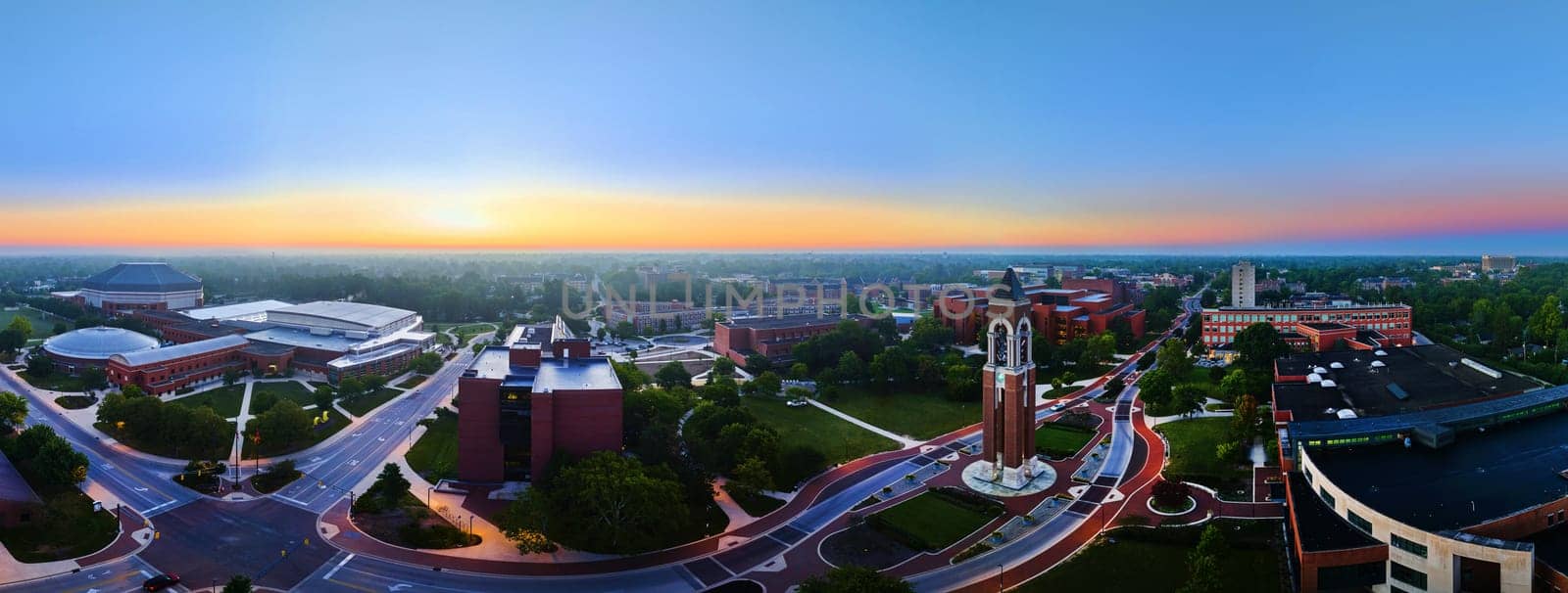 Image of Sunrise Shafer Tower panorama Ball State University aerial Muncie Indiana