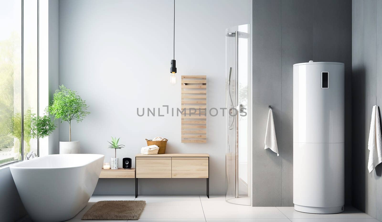 White Electric Storage Water Heater In Gray Modern Bathroom With Shower And Bathtub. Domestic Water Heating Appliance. Safe, Eco Friendly System. Smart Home. Hot Water Storage Tank Ai Generated