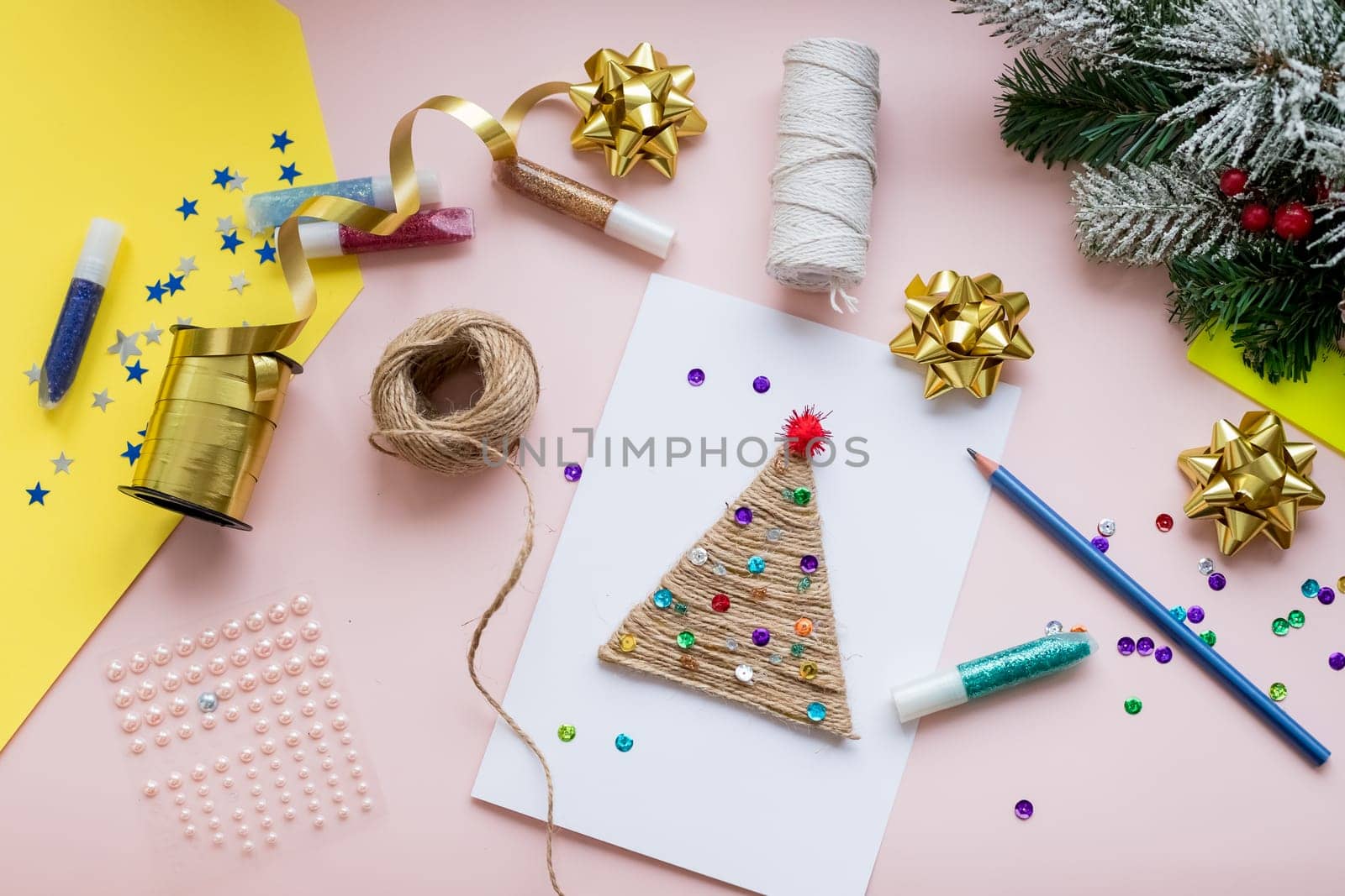 DIY concept. How to make Christmas card. New Year idea for children. Step-by-step photo instructions.