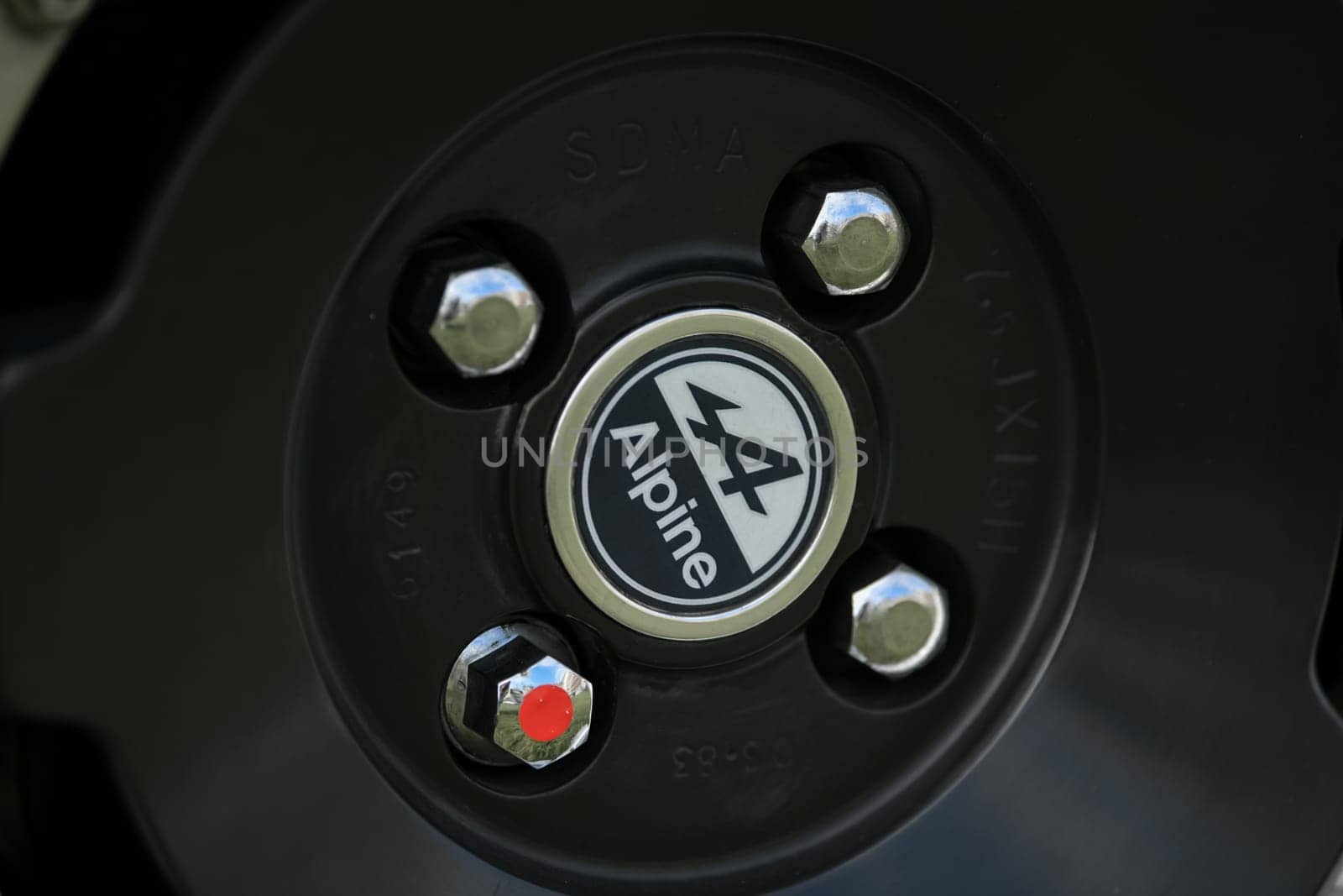 DIEPPE, FRANCE - MAY 29, 2022: Logo of Renault Alpine car classic Cars.