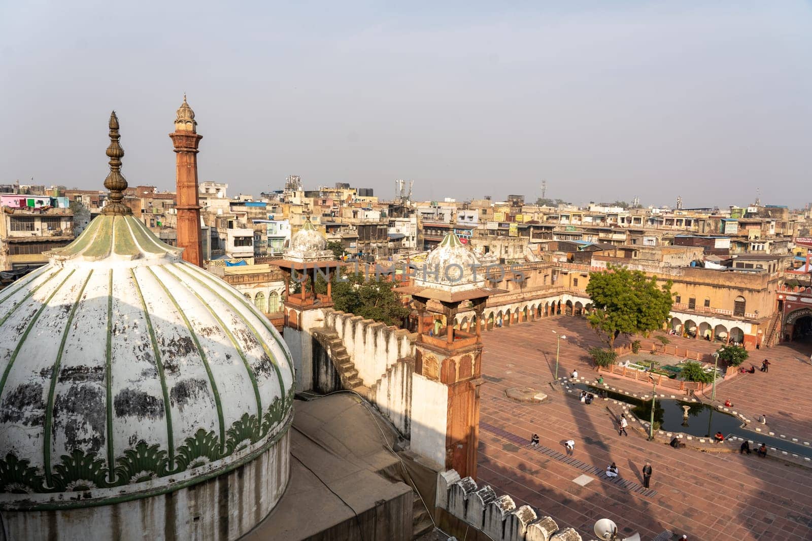 Delhi, India - December 04, 2019: High angle view of Jama Masjid from one of the minaret towers.