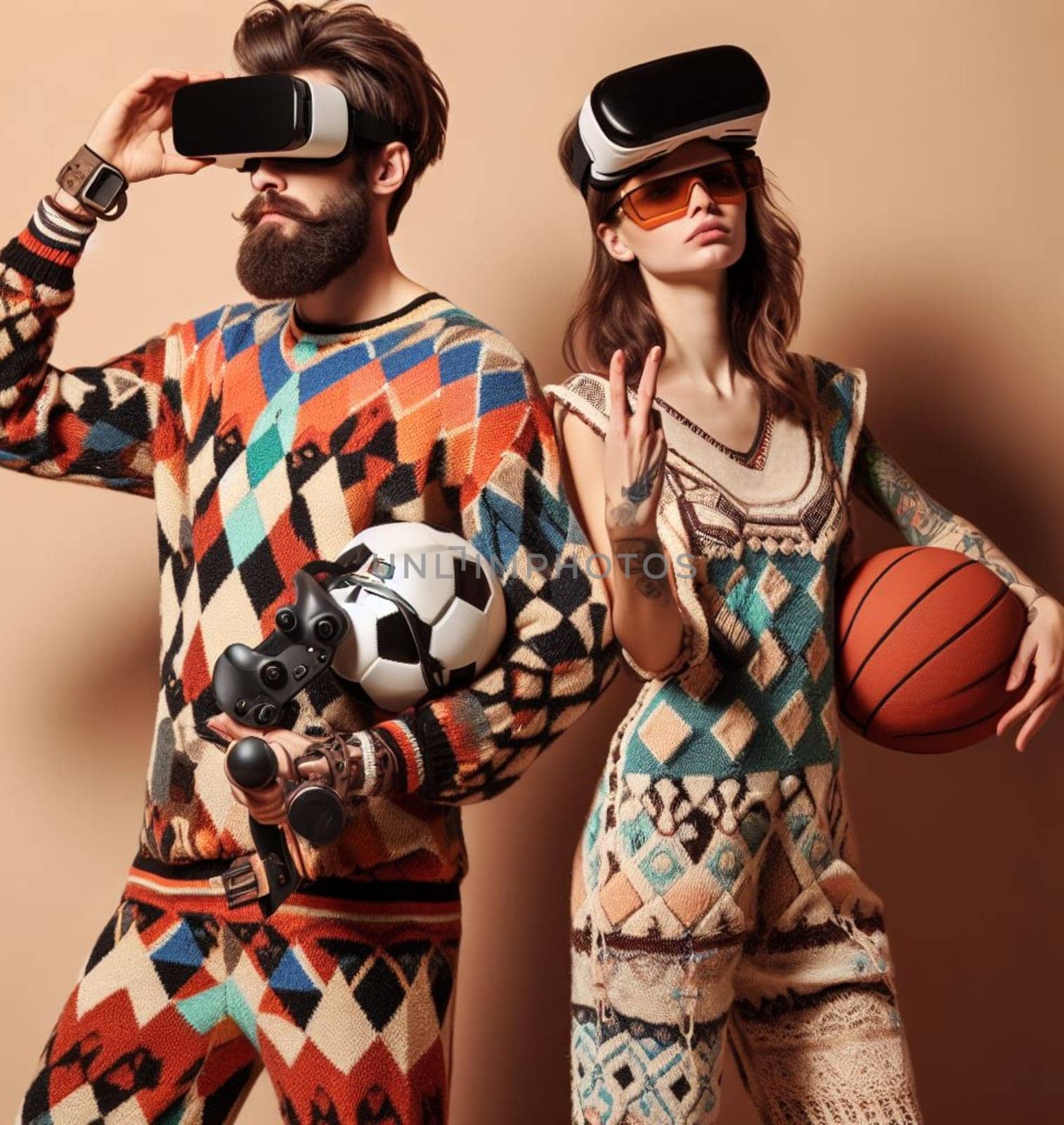 couple wearing pajamas and vr googles play sport balls ready total immersion ai art generated