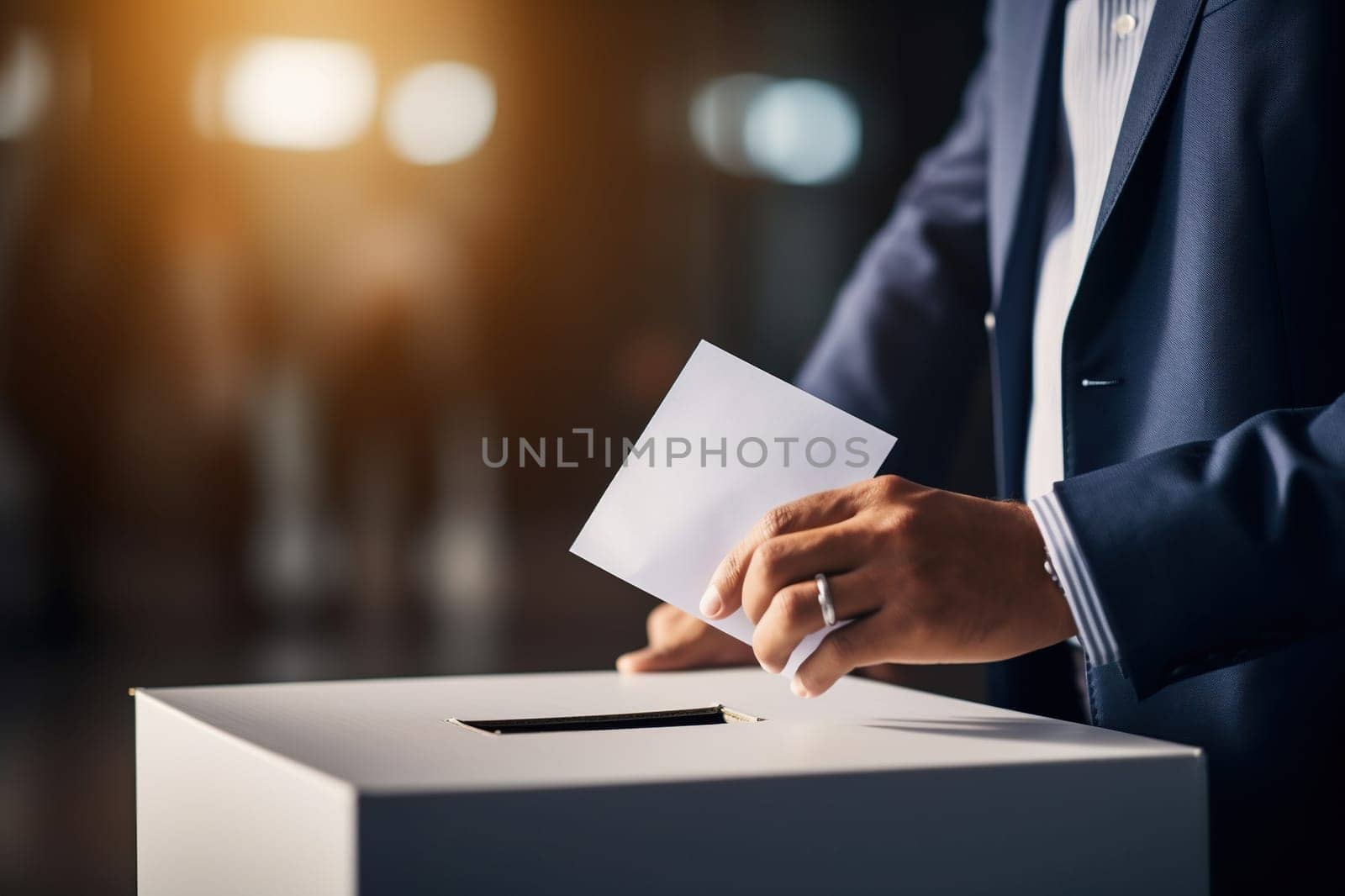 A male voter places a ballot in the ballot box. The concept of freedom, democracy. Blurred background. Generative AI by Vovmar