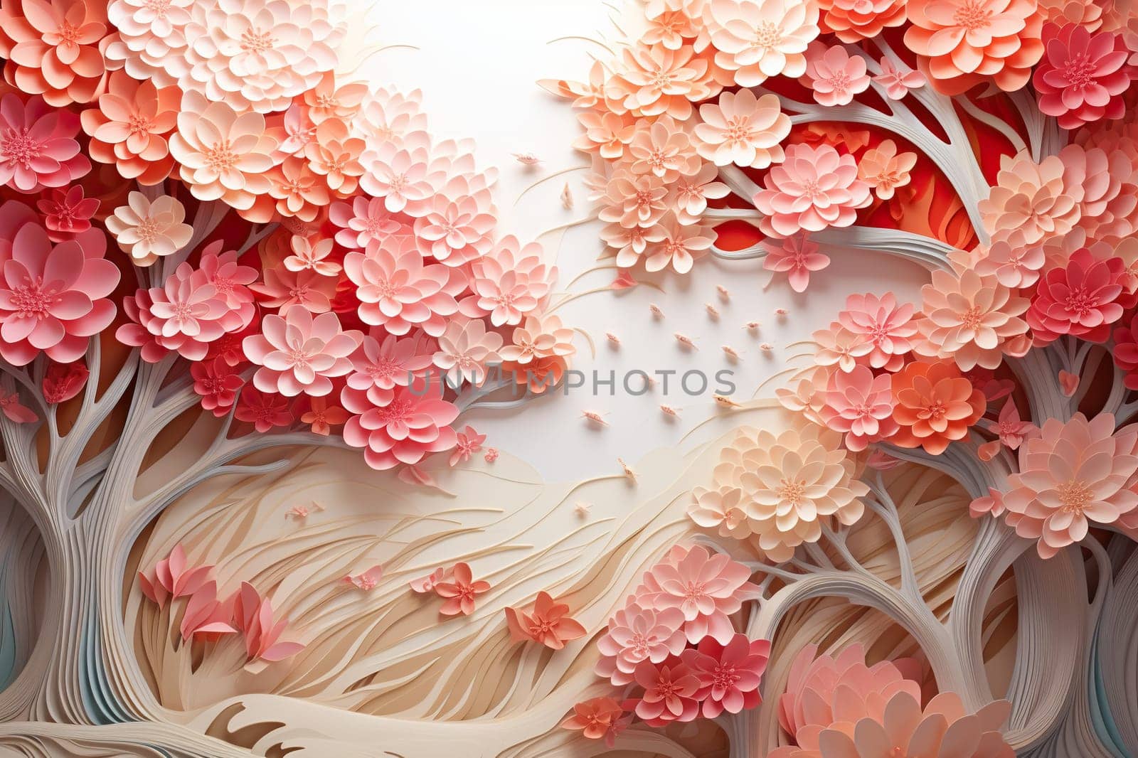 Landscape in cut paper style. Paper 3D landscape with trees and flowers in pastel colors. Generative AI by Vovmar