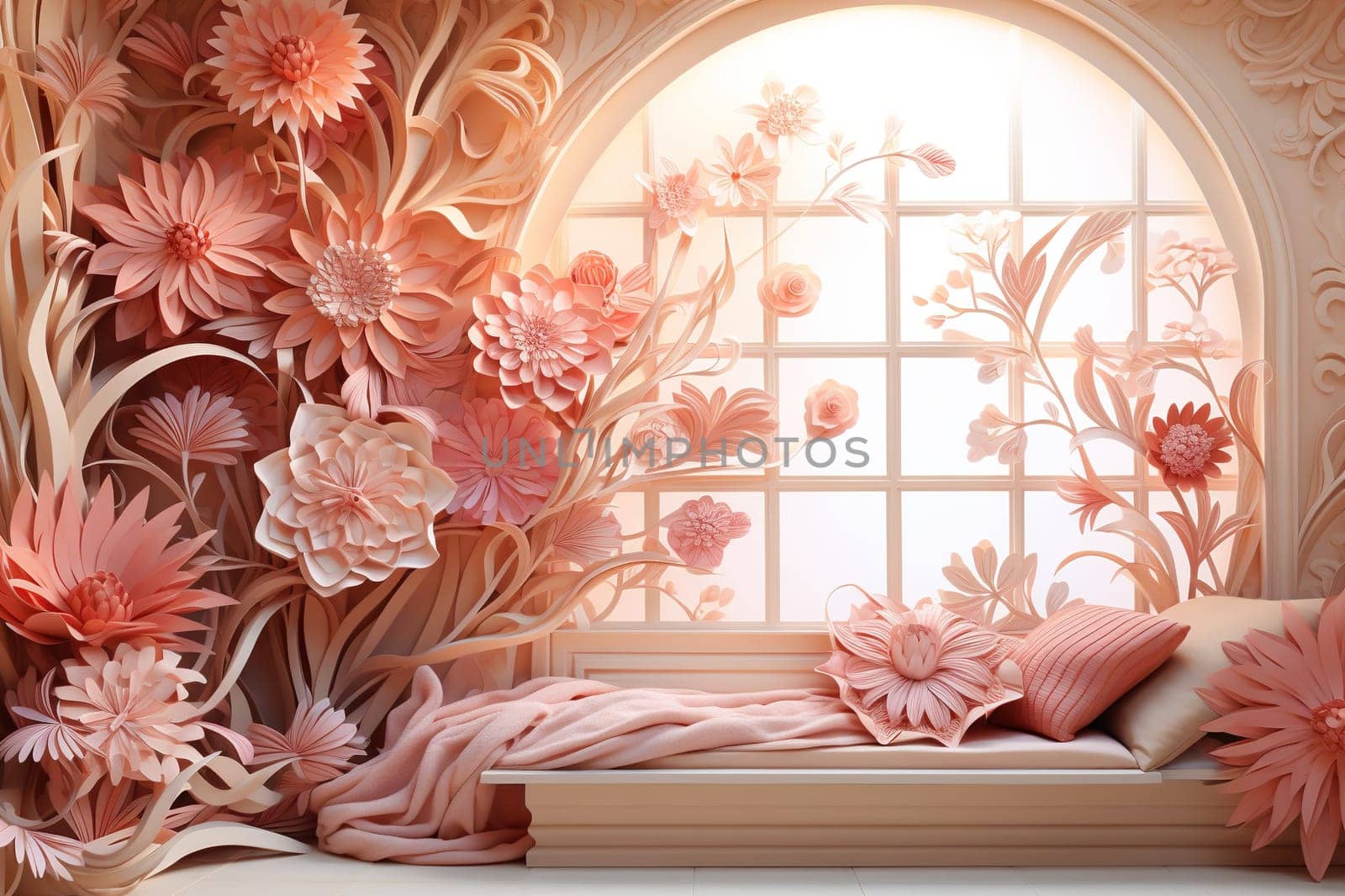 Room interior in cut paper style. 3D flowers in pink tones. Generative AI by Vovmar