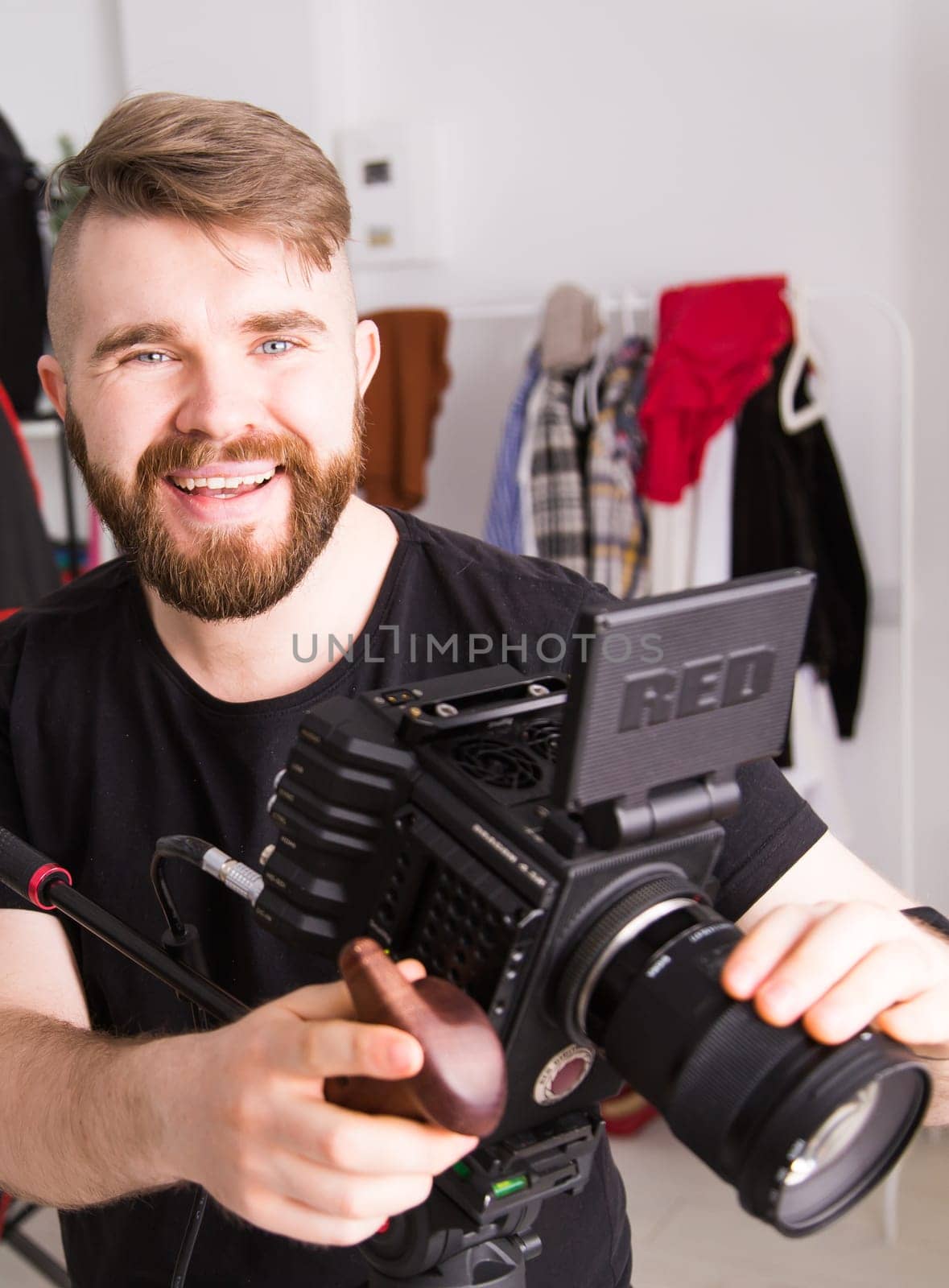 UFA, RUSSIA - 29 FEBRUARY 2020: cameraman works with Red digital cinema cameras. RED is the leading manufacturer of professional digital cinema cameras.
