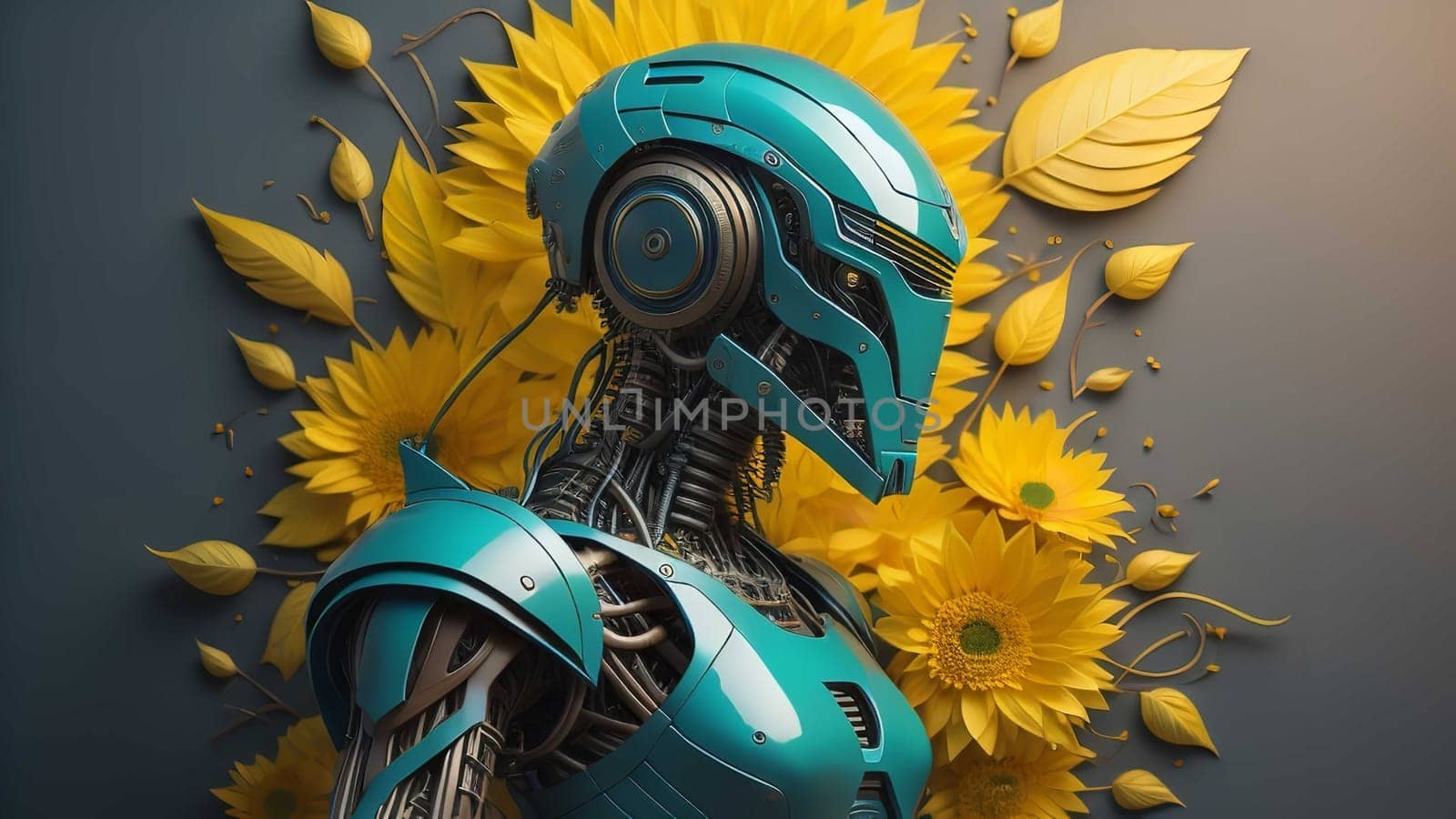 Cyborg with helmet and sunflowers. generative ai