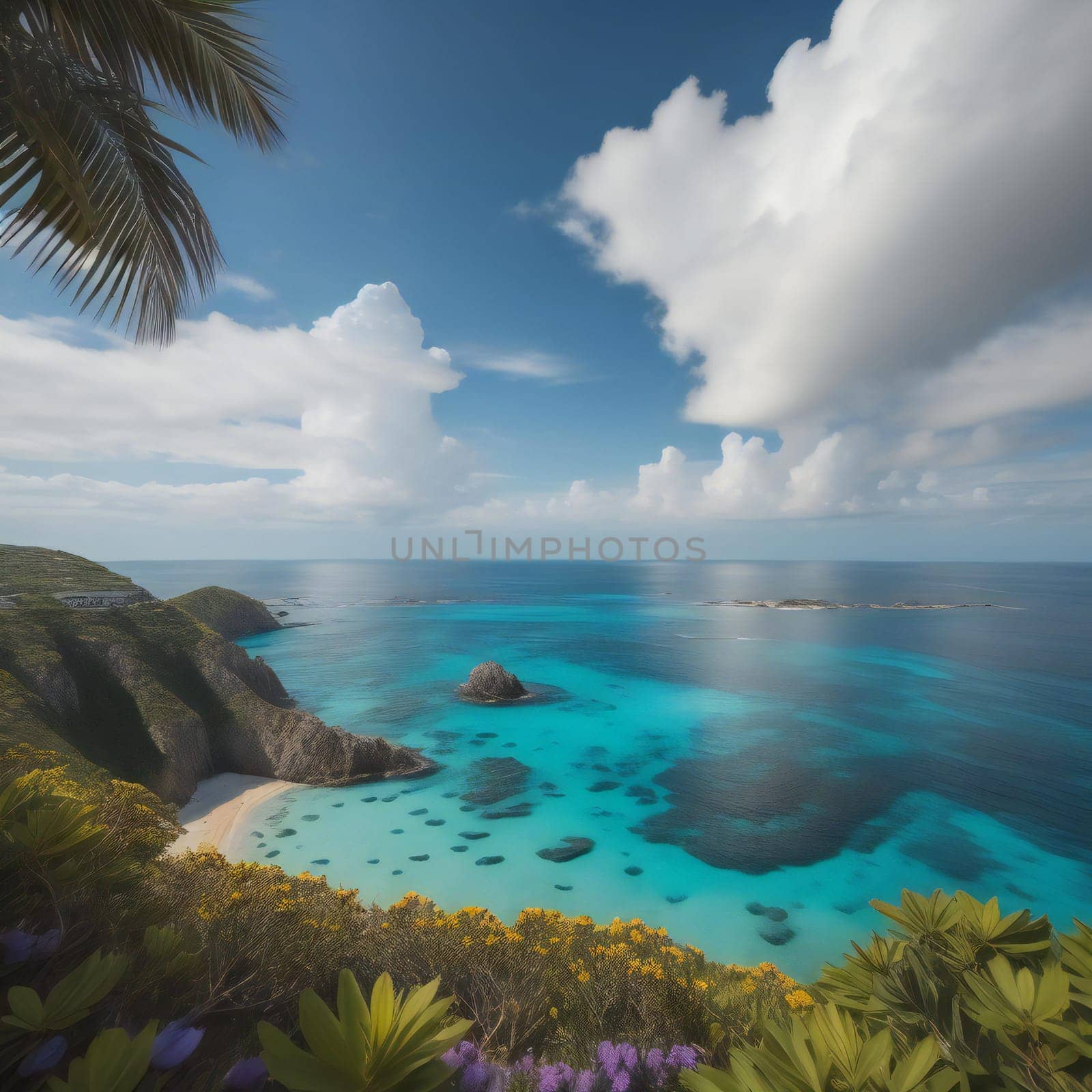 Beautiful seascape with turquoise ocean and blue sky. generative ai by sanisra