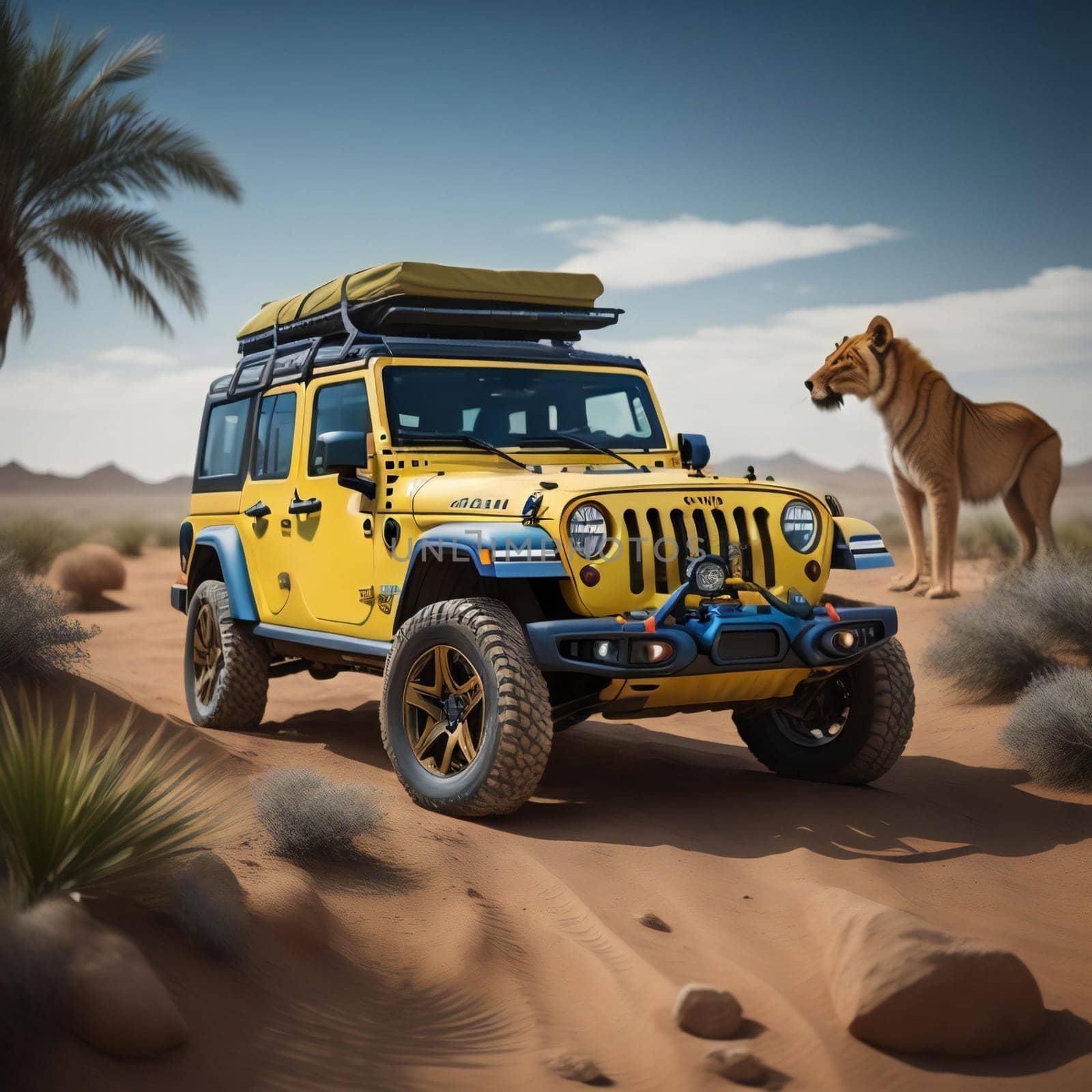 a yellow safari car in the desert. generative ai