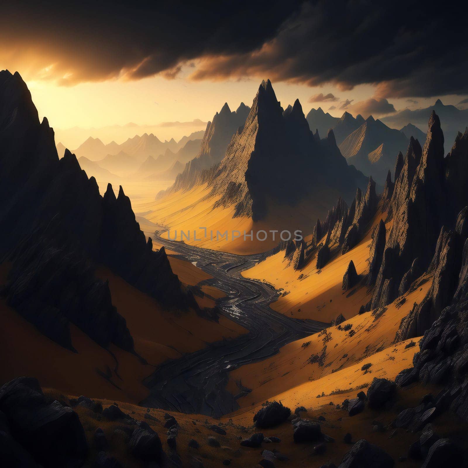 Fantasy alien planet. Mountain and river. generative ai by sanisra