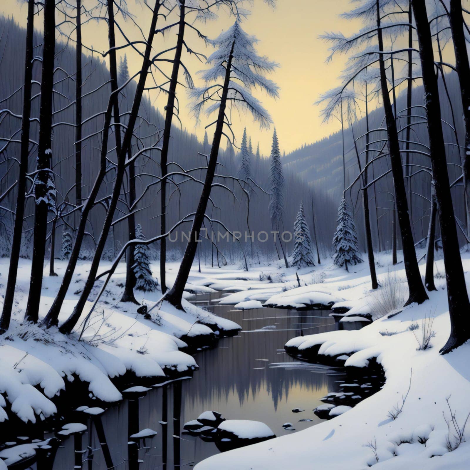 Winter landscape with a river and trees in the forest. generative ai by sanisra