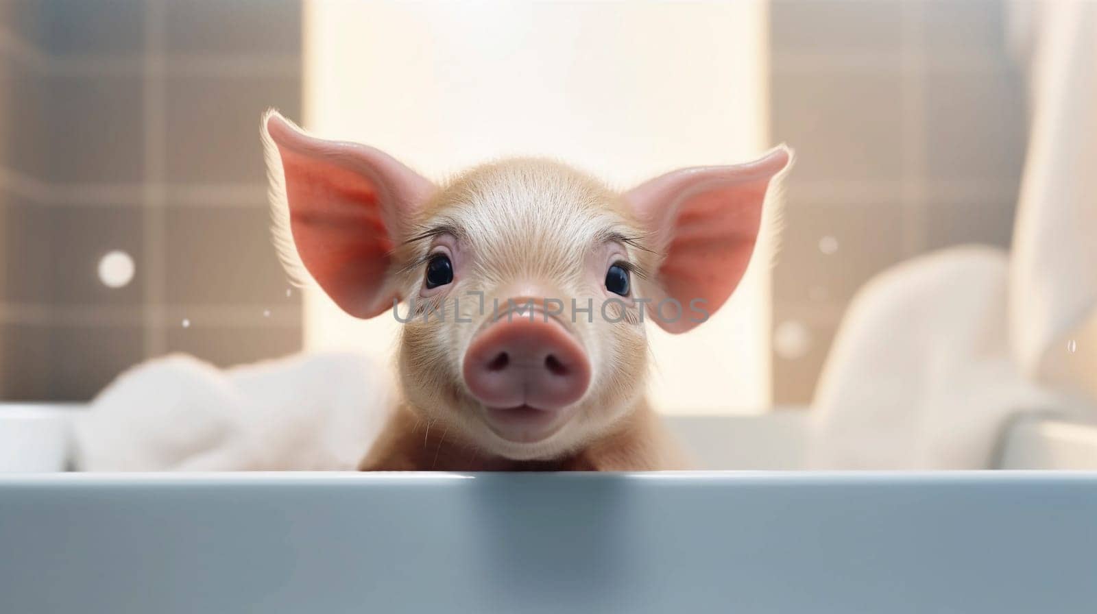 Cute Pink Mini Pig, Piglet Taking a Bath With Foam, Looking Out of Bath tab. Taking Care Of Pet. Happy Animal. Ai Generated by netatsi