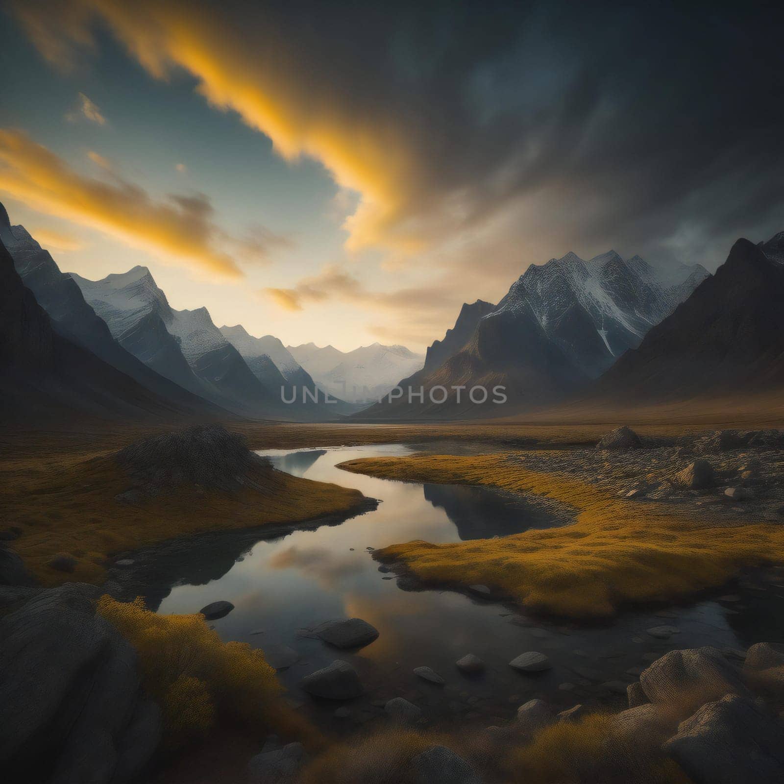 Beautiful mountain landscape with a river at sunset. generative ai