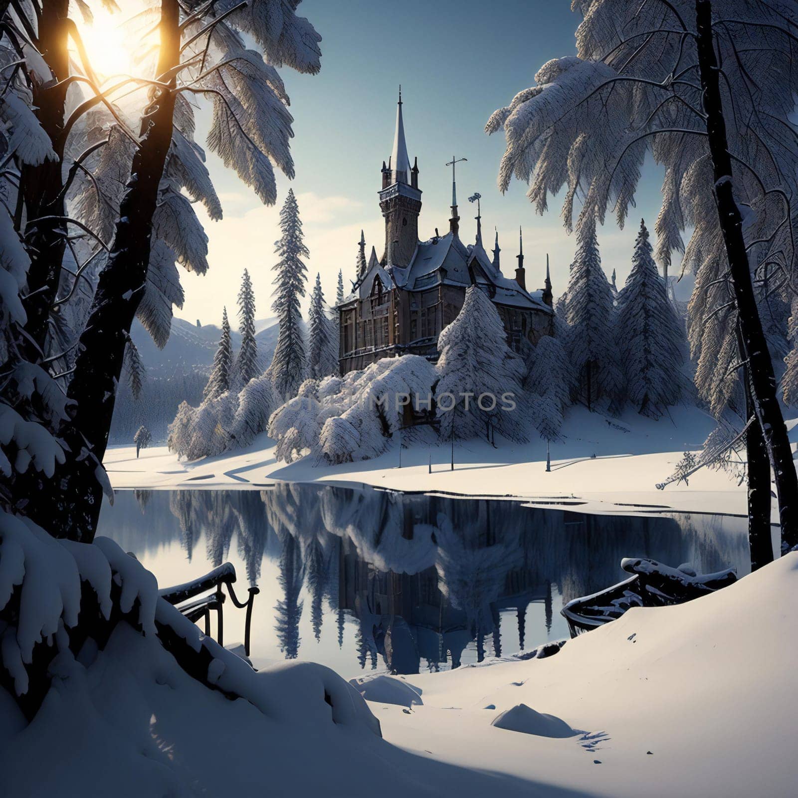 Beautiful winter landscape with frozen lake and castle in the forest. generative ai