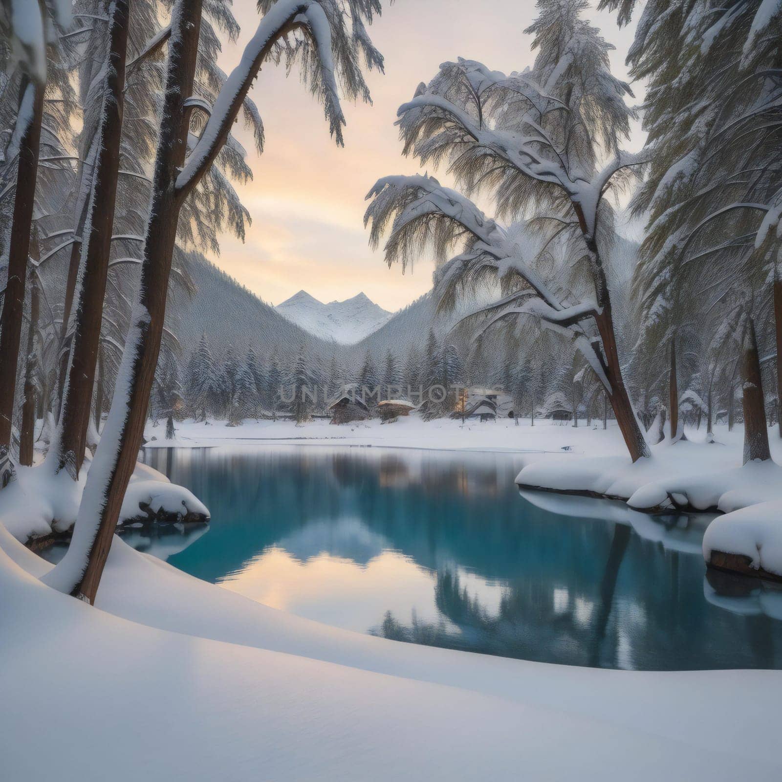 Beautiful winter landscape with snow covered trees and lake in the mountains. generative ai