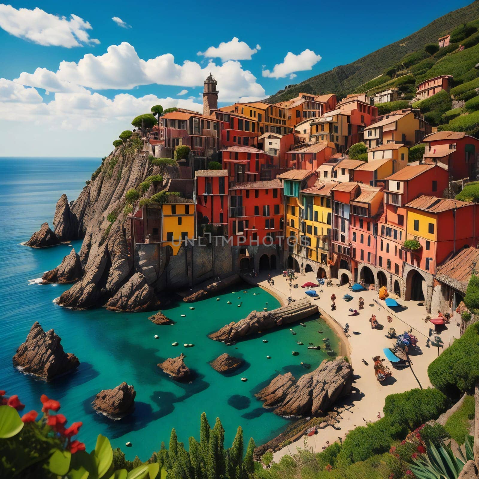 Colorful village Vernazza in Cinque Terre National Park, generative ai by sanisra