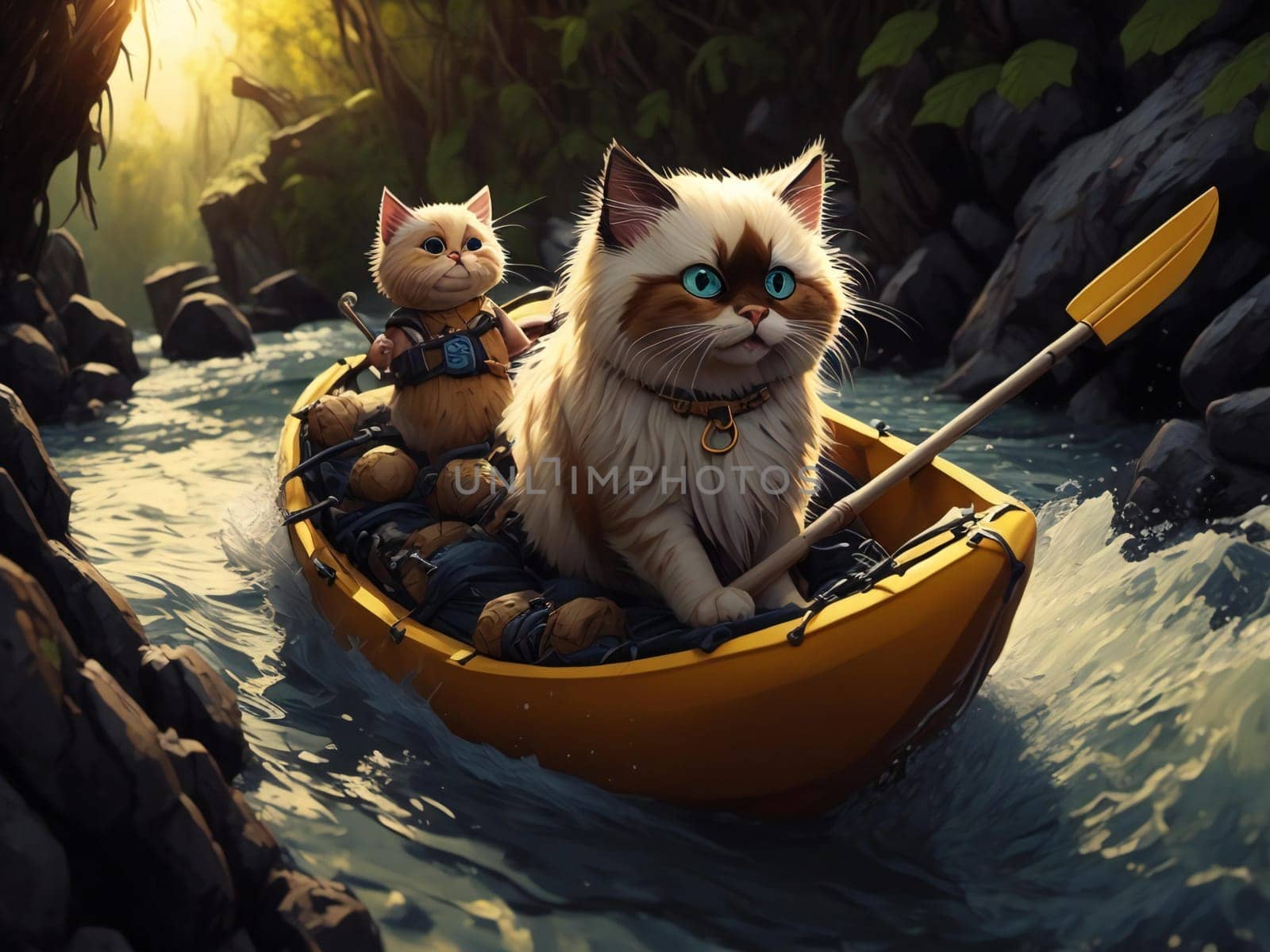 Two cats in a boat on the river. generative ai by sanisra