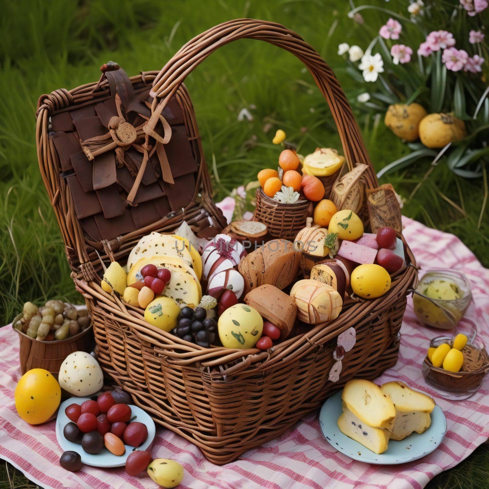 Easter basket with cheese, grapes, fruits and wine on grass. generative ai