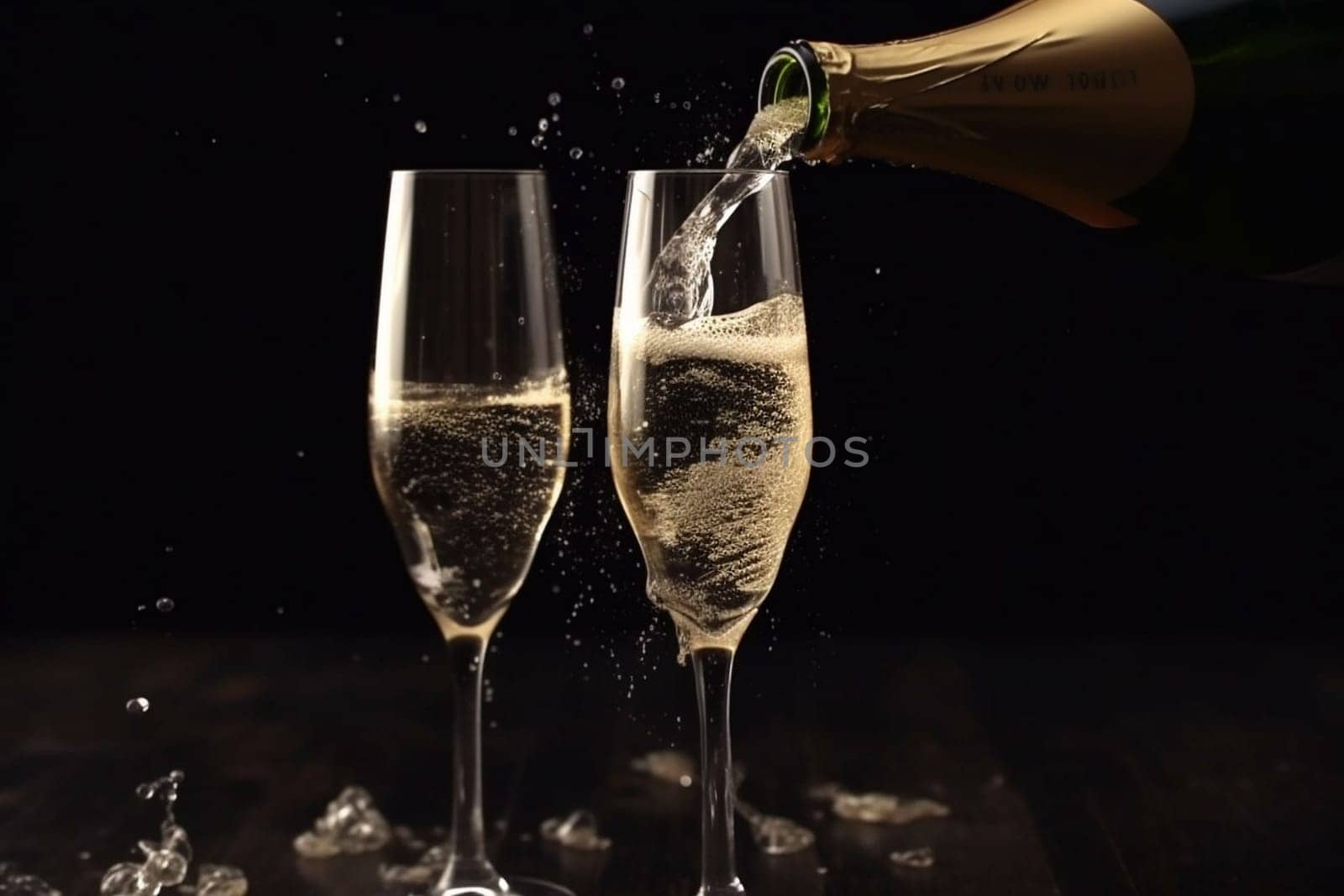 Champagne pouring in two glasses from a bottle by Costin