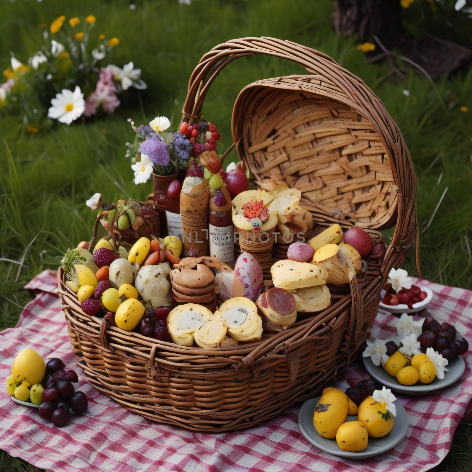 Wicker basket with different kinds of cheese and fruit in the garden. generative ai by sanisra