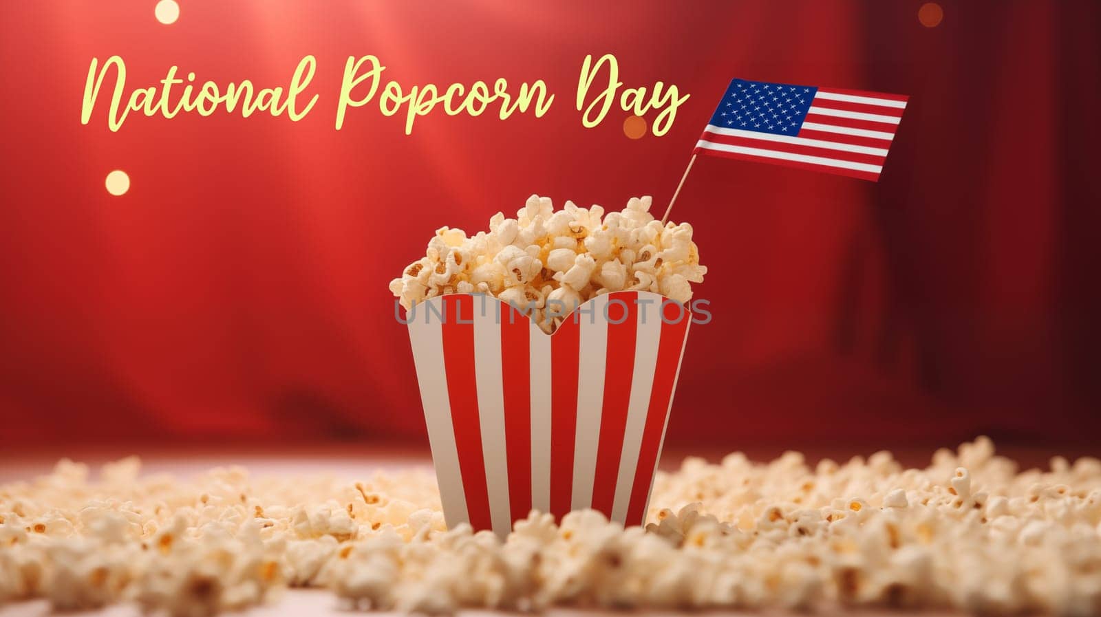 National Popcorn Day Postcard With Text, Celebration Favorite Popcorn Snack. Greetings Card. Paper Cup, Red Striped Bucket With Popcorn And USA American Flag. Ai Generated. Horizontal Plane.