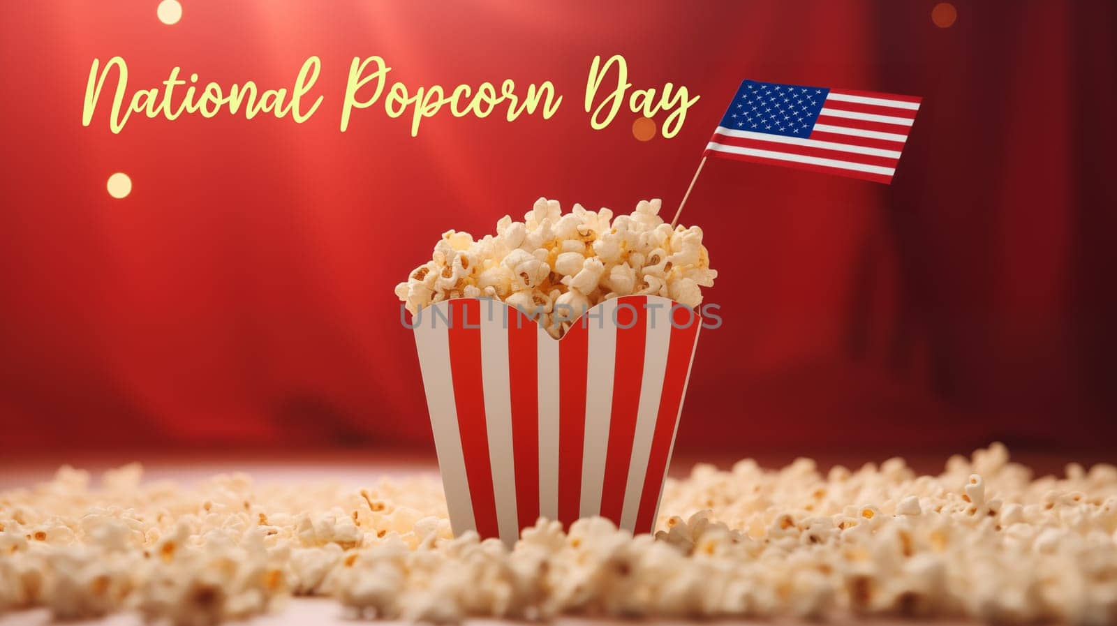 National Popcorn Day Postcard With Text, Celebration Favorite Popcorn Snack. Greetings Card. Paper Cup, Red Striped Bucket With Popcorn And USA American Flag. Ai Generated. Horizontal Plane by netatsi