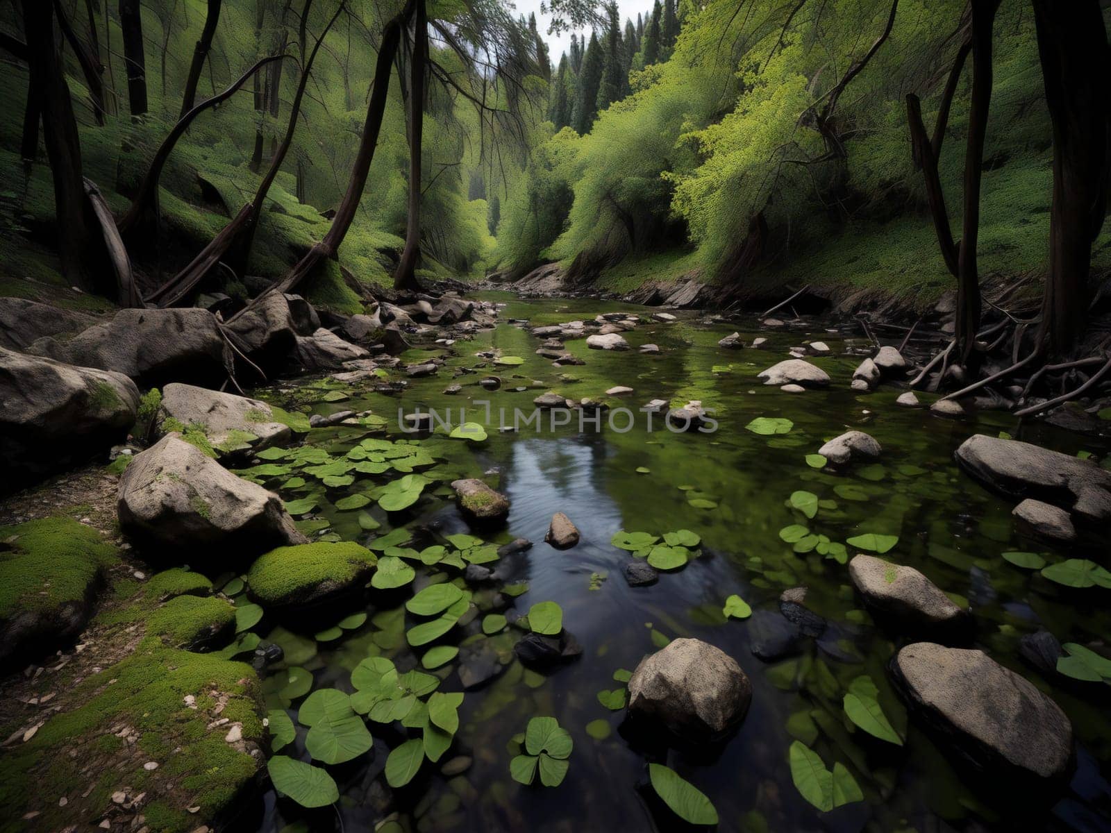 Mountain stream in the green forest. Nature composition. Beauty in nature. generative ai by sanisra