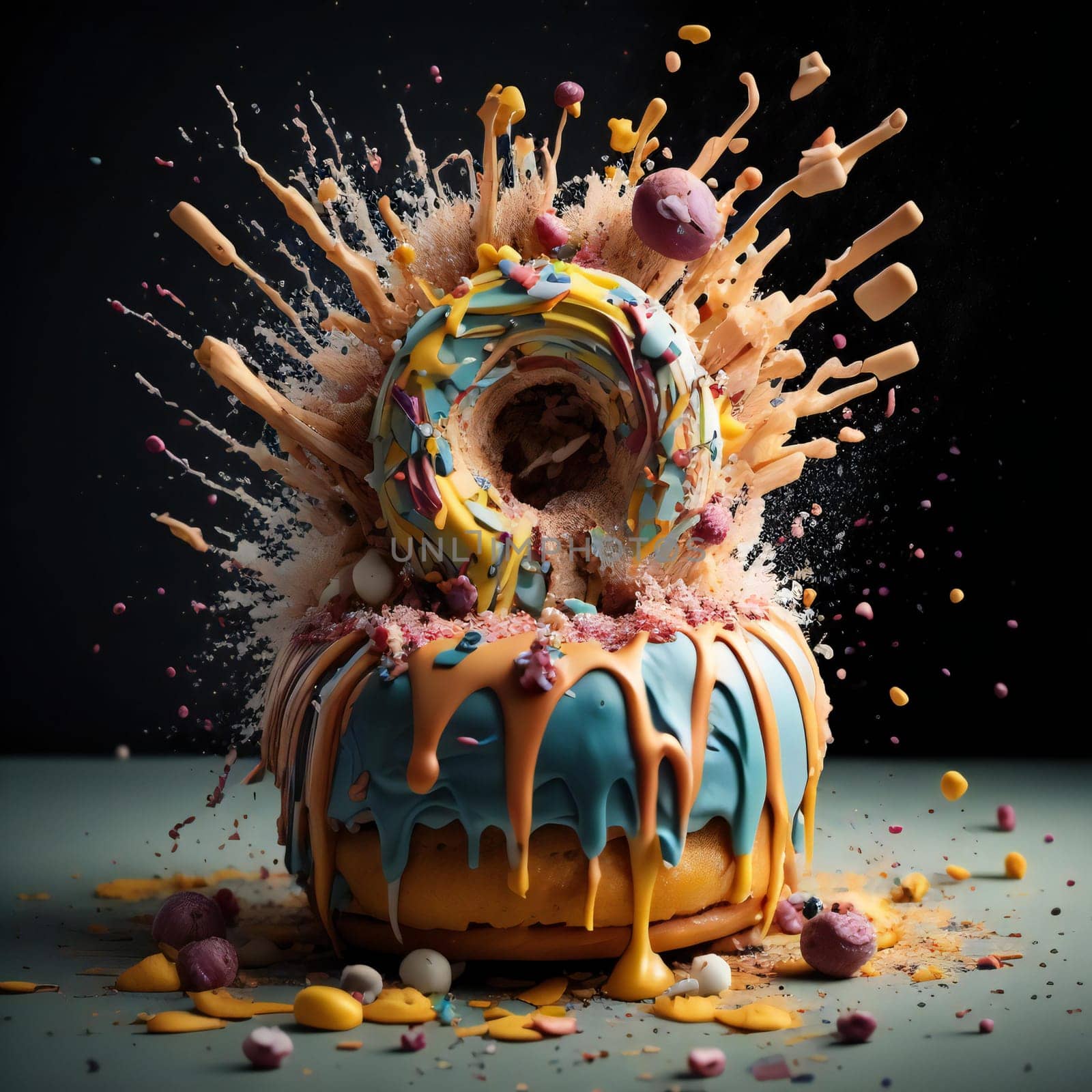 Colorful donut with glaze and sprinkles on black background. generative ai