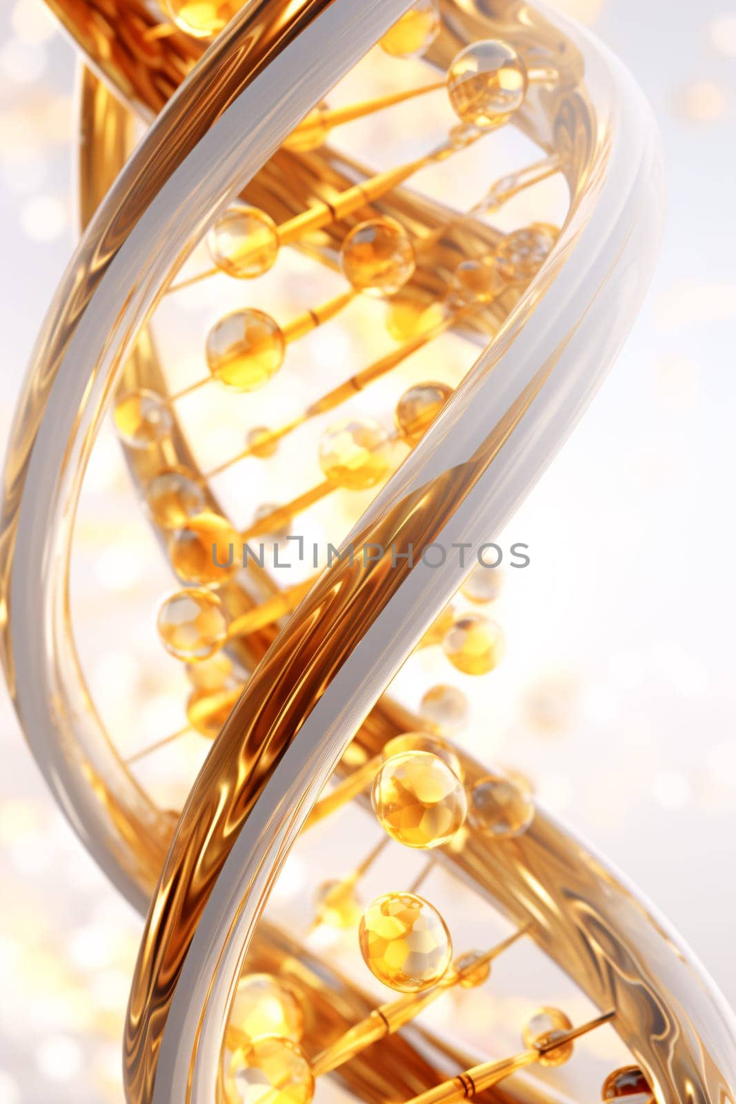 A dazzling and intricate golden and silver DNA strand, shot through radiant light, conjuring visions of scientific discovery and medical marvels - AI generative