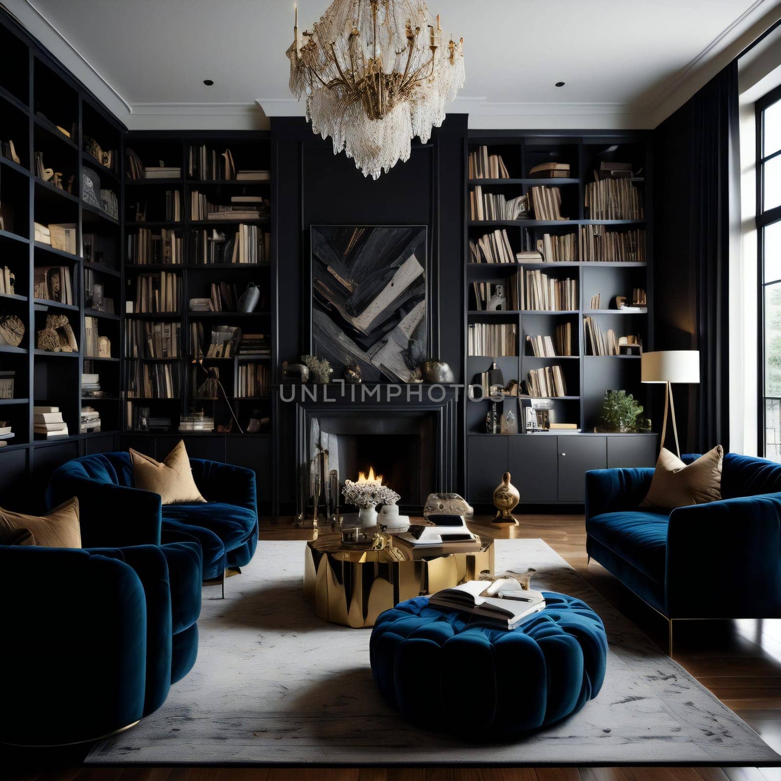 Interior of modern living room with black walls, carpet on the floor, comfortable blue armchairs and bookcase with books. generative ai
