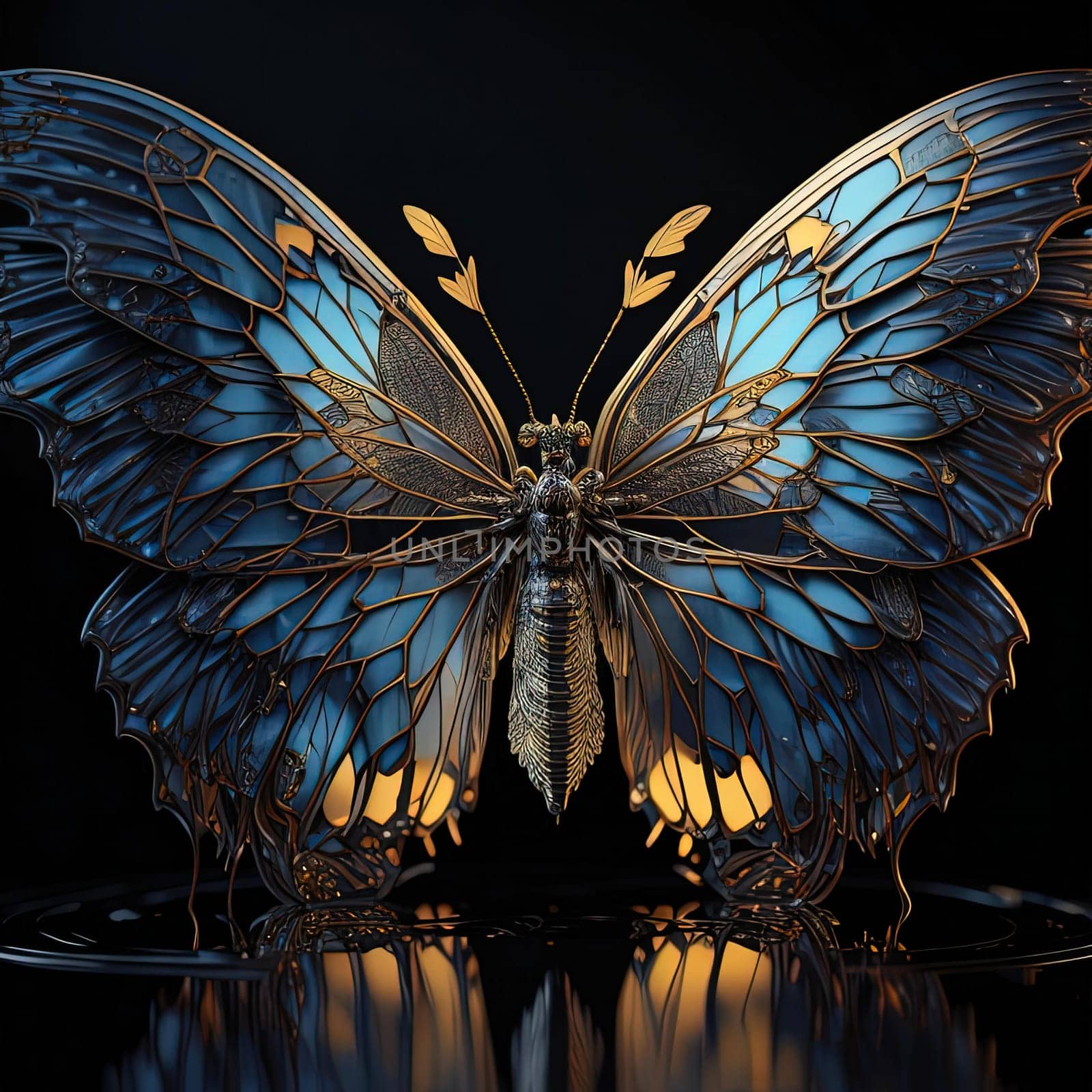 A butterfly isolated on black background with water reflection. generative ai
