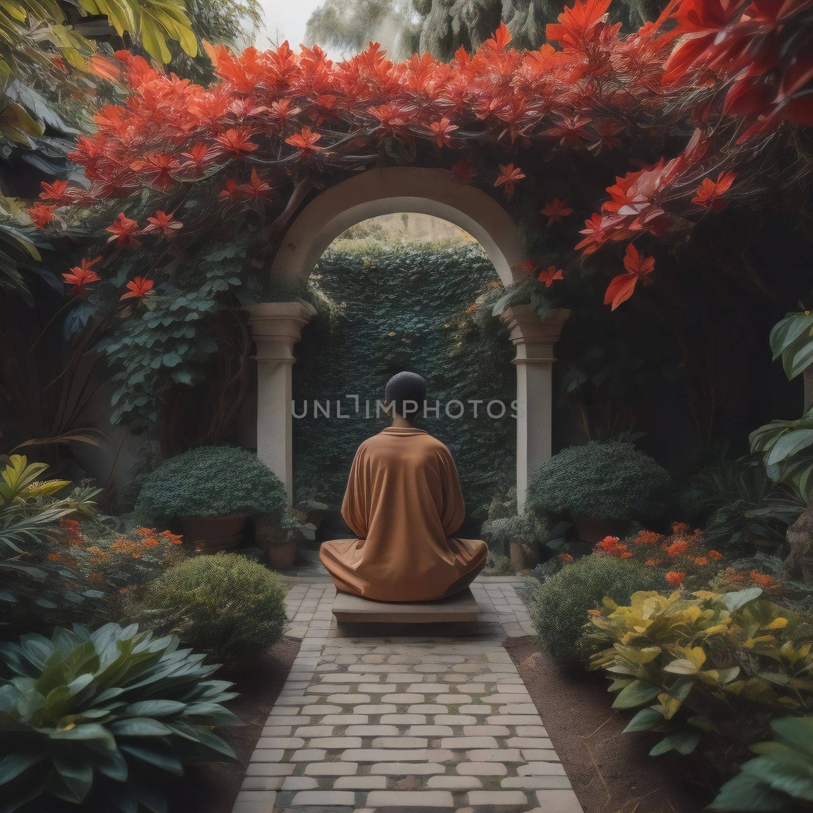 A monk sitting in a meditation pose in a beautiful garden with flowers. generative ai