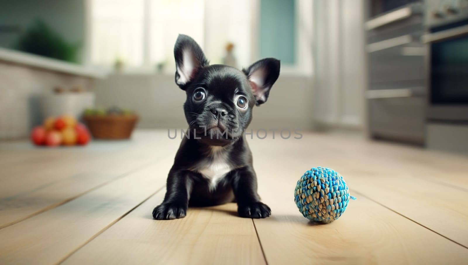Small Cute Black French Puppy Bulldog Or Frenchies Sits On Floor At Kitchen. Adorable Curious Pet With Dog Ball Toy. Full Length. Ai Generated. Horizontal Plane. High quality photo
