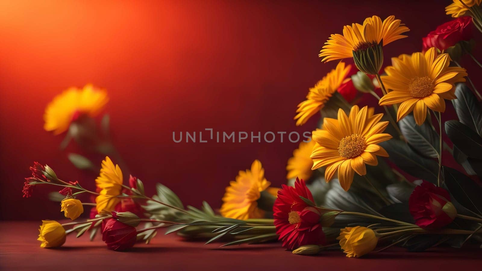 Beautiful bouquet of yellow and red flowers on a red background. generative ai