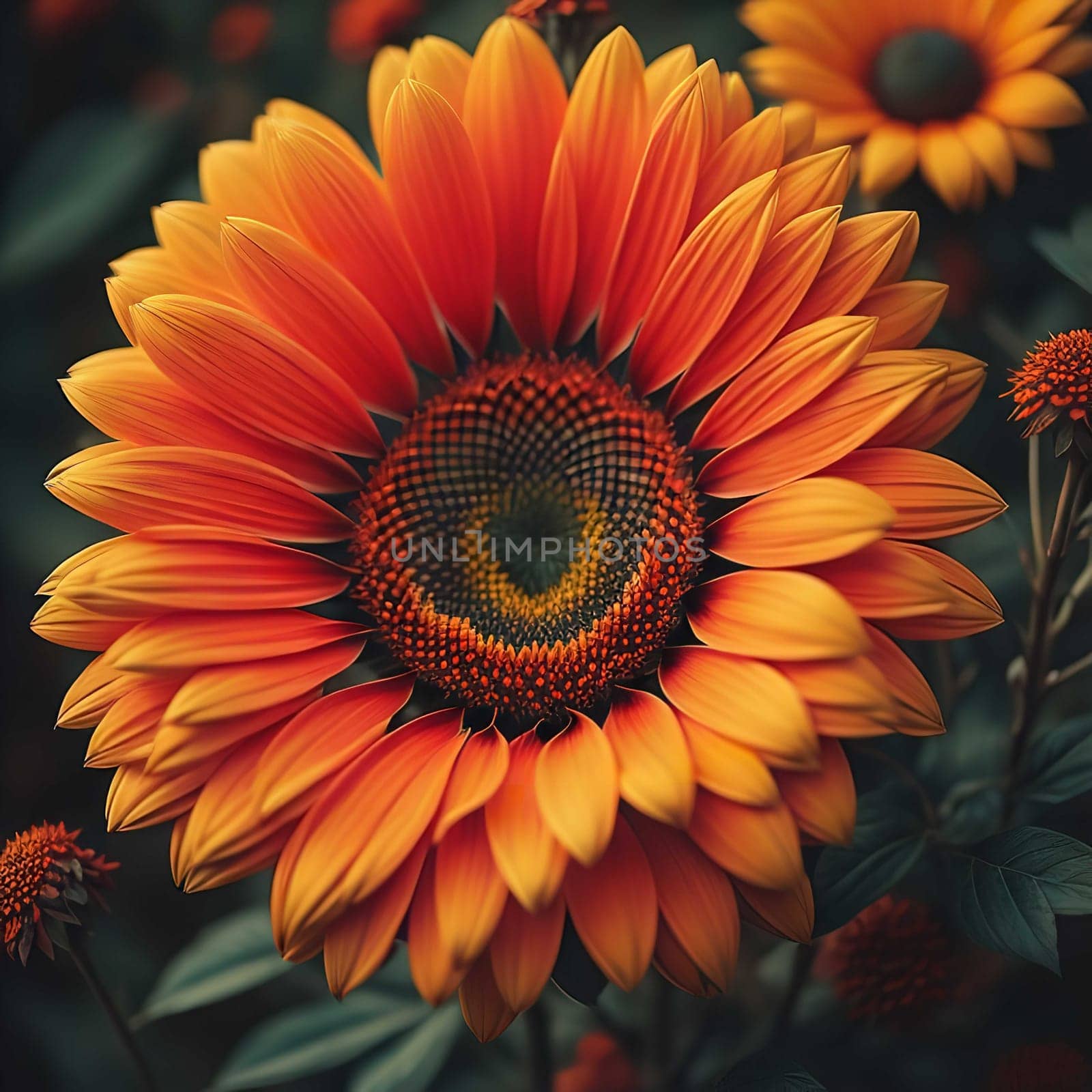 Beautiful orange sunflowers in the garden. Nature background. generative ai