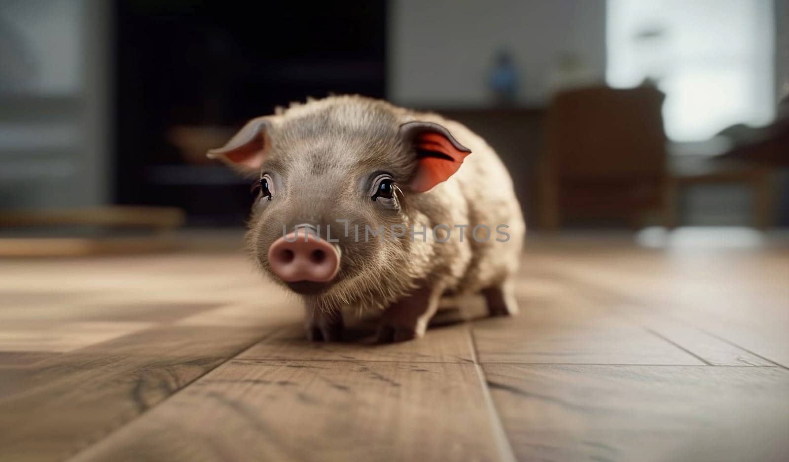 Little Gray Black Mini Baby Pig, Cute Pet Sitting on Floor At Kitchen. Taking Care Of Adorable Piglet. Zoo Shop Or Vet. Happy Baby Animal. AI Generated. Horizontal by netatsi