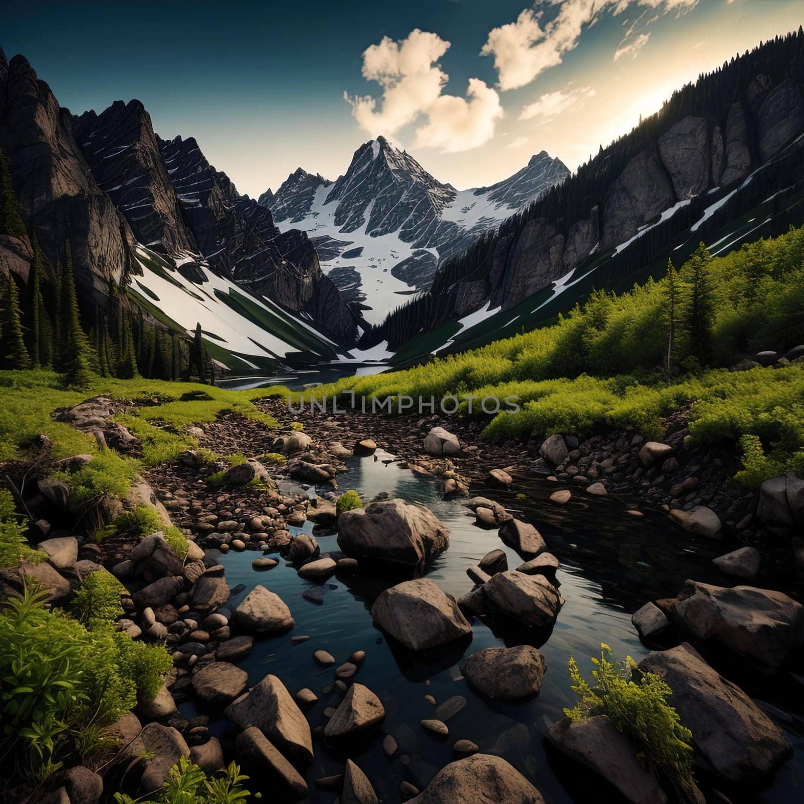 Beautiful summer landscape with mountain lake and snow-capped peaks. generative ai
