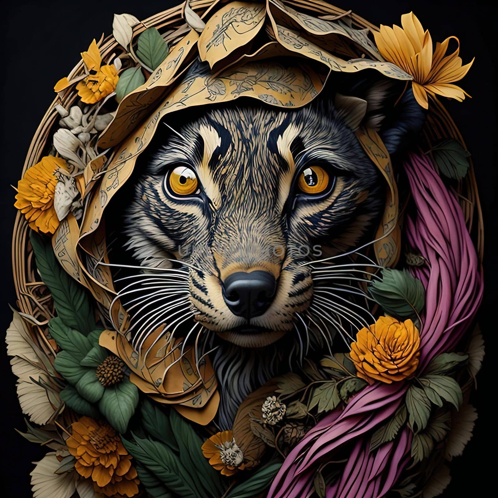 Beautiful wild cat in a wreath of flowers on a black background. generative ai