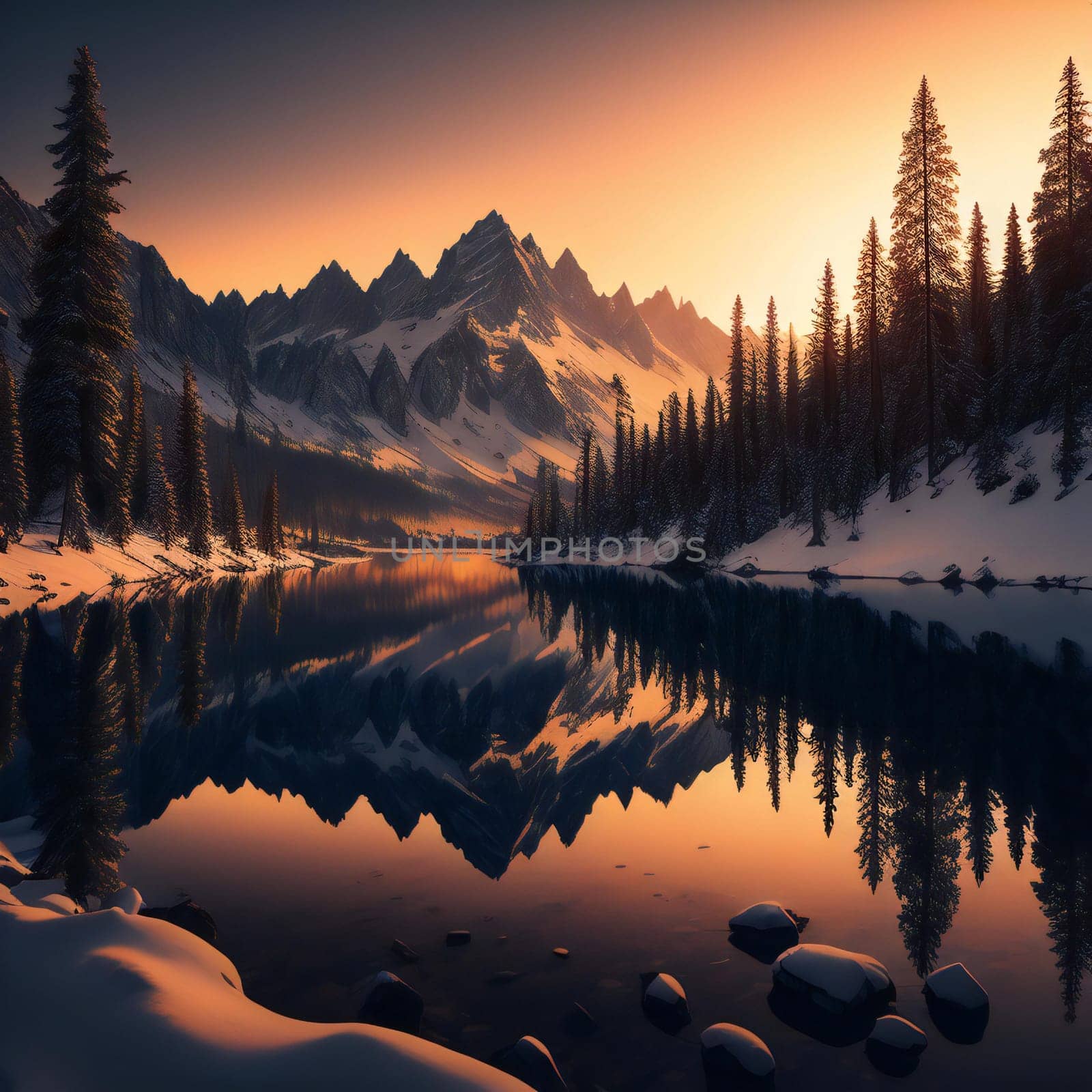 Beautiful winter landscape with lake and snowcapped mountains at sunset. generative ai
