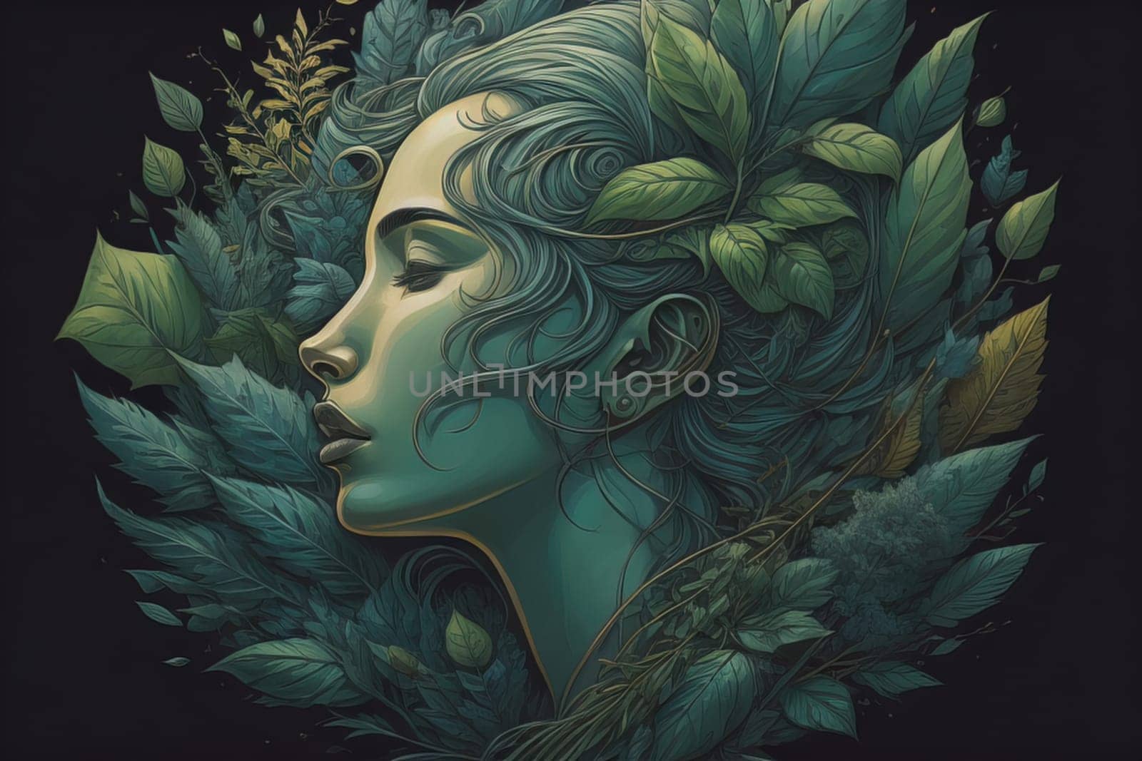 Beautiful woman face with leaves and flowers. Hand drawn illustration. generative ai